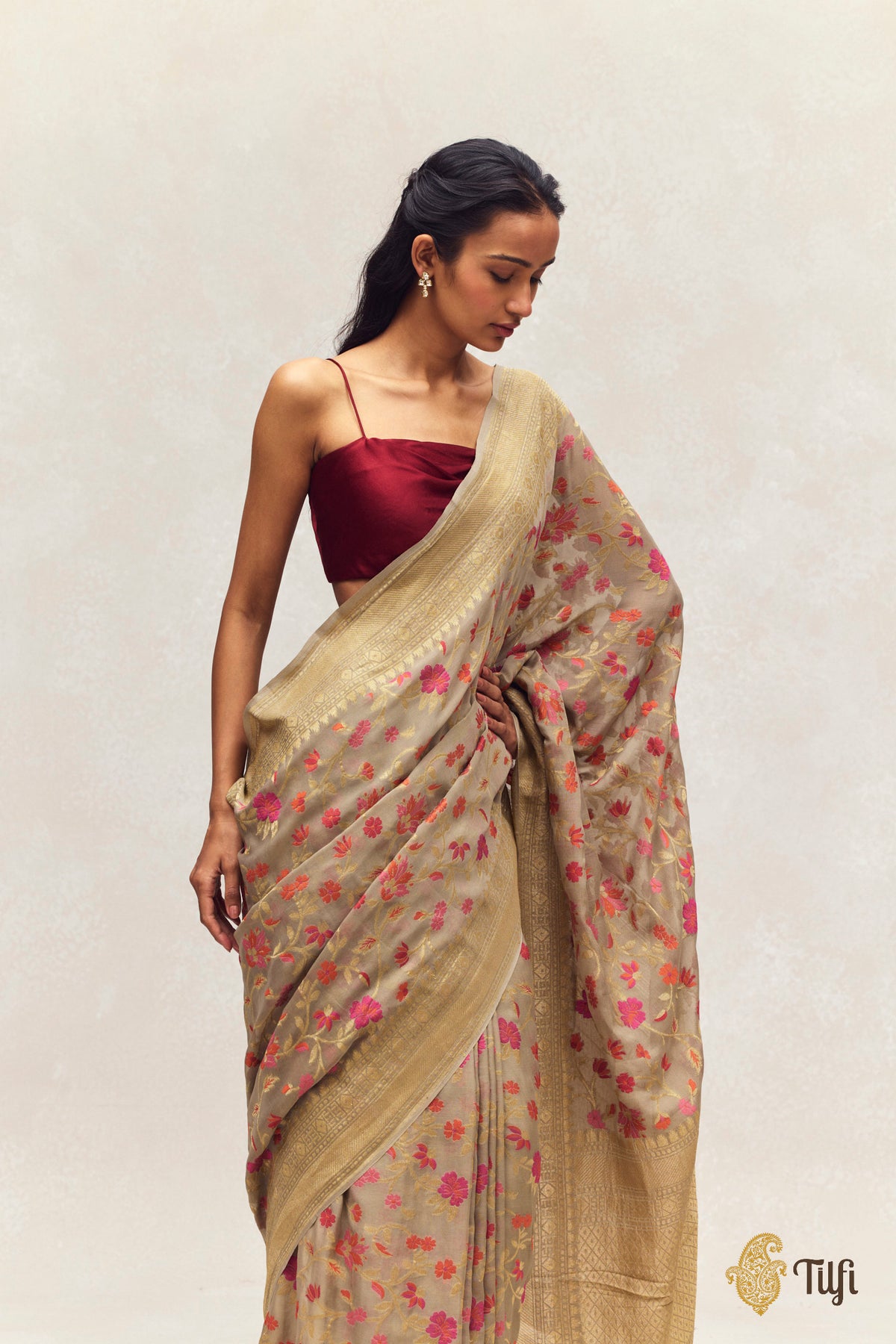 'Nitya' Brown Grey Pure Khaddi Georgette Banarasi Handloom Saree