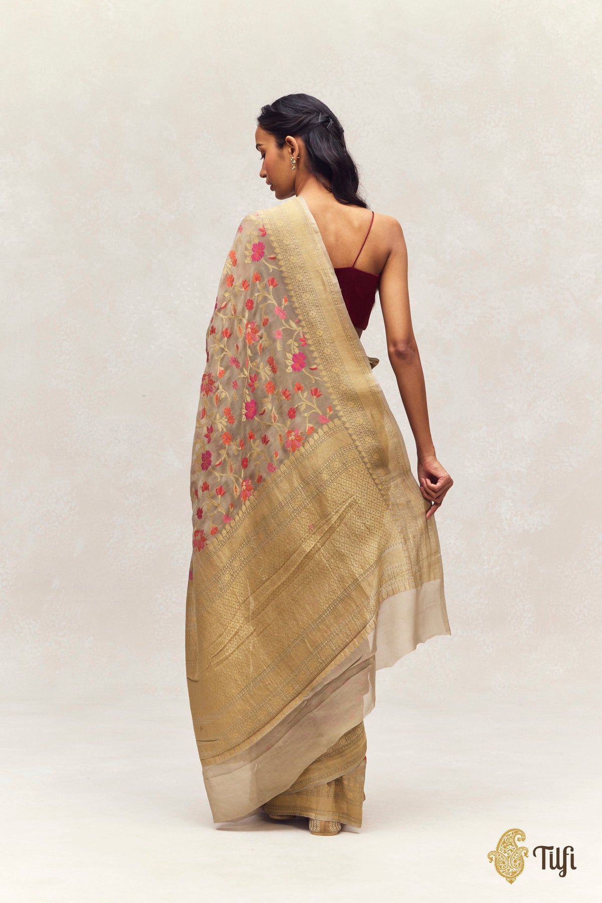'Nitya' Brown Grey Pure Khaddi Georgette Banarasi Handloom Saree