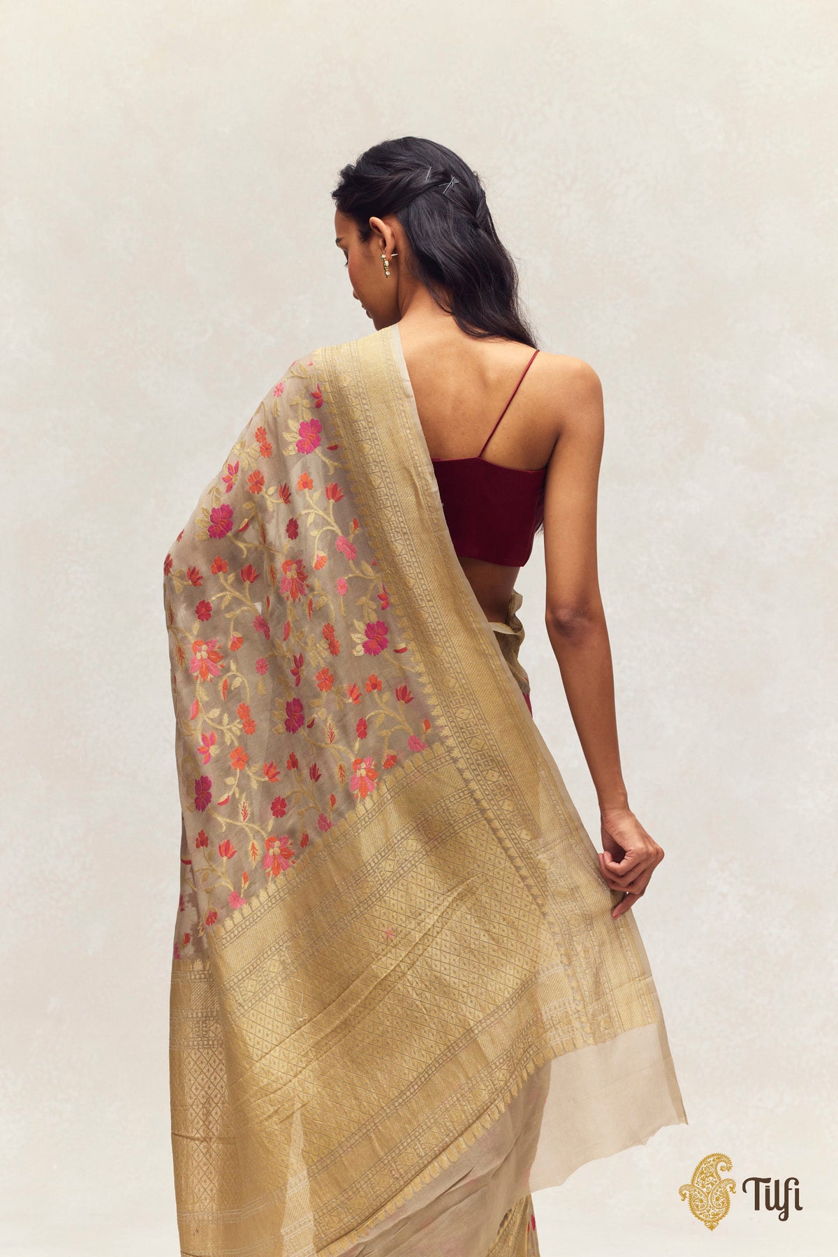 'Nitya' Brown Grey Pure Khaddi Georgette Banarasi Handloom Saree