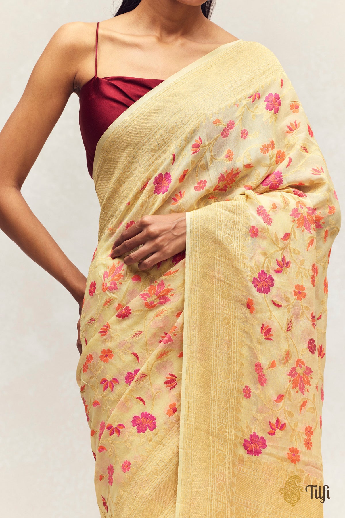 'Nitya' Yellow Pure Khaddi Georgette Banarasi Handloom Saree