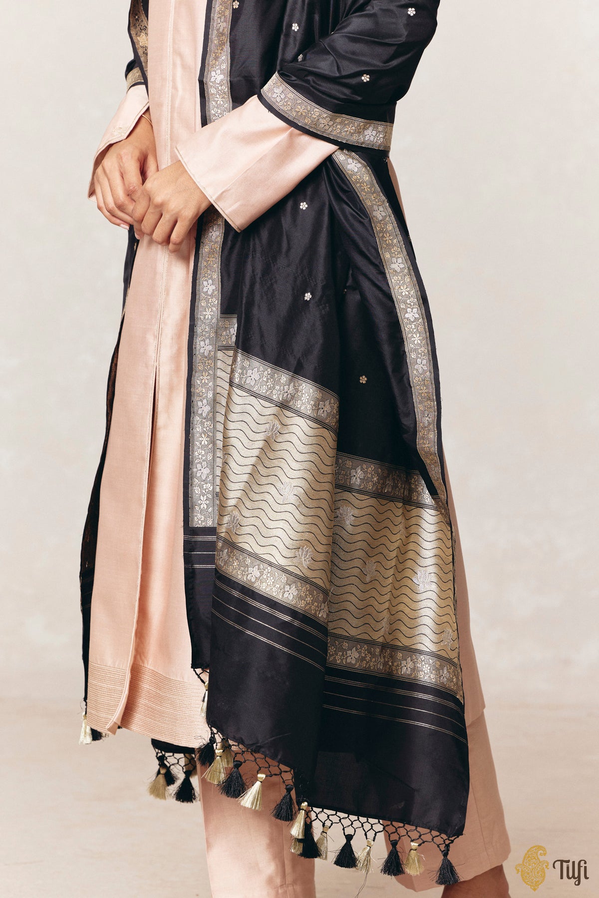 Black Pure Katan Silk Banarasi Handloom Dupatta