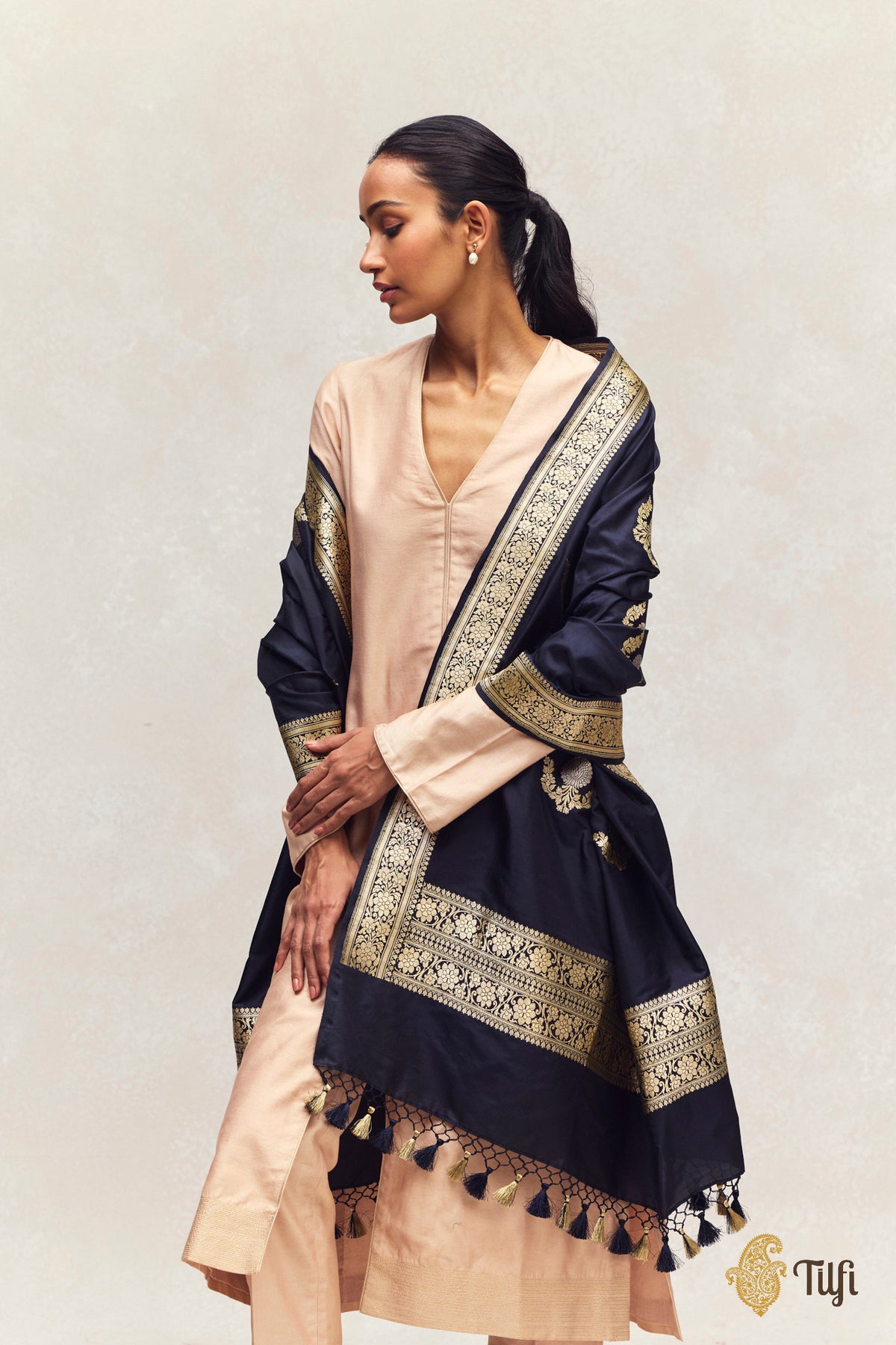 Black Pure Katan Silk Banarasi Handloom Dupatta