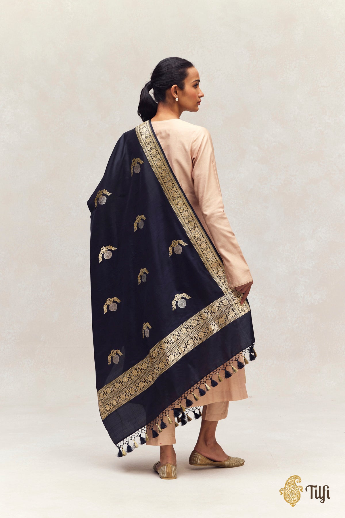 Black Pure Katan Silk Banarasi Handloom Dupatta