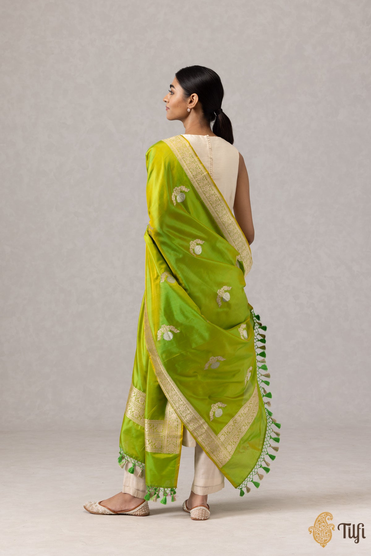 Yellow-Green Pure Katan Silk Banarasi Handloom Dupatta