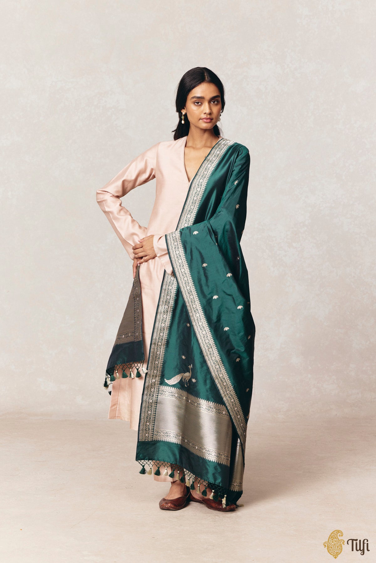 Bottle Green Pure Katan Silk Banarasi Handloom Dupatta