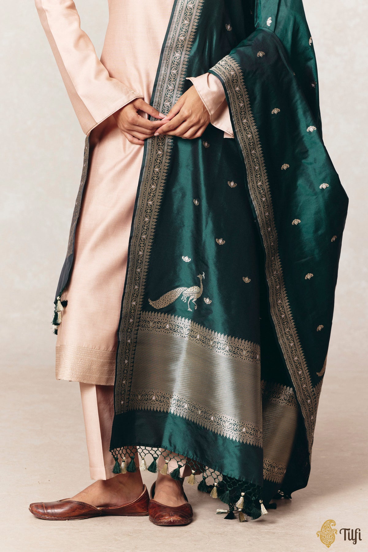 Bottle Green Pure Katan Silk Banarasi Handloom Dupatta