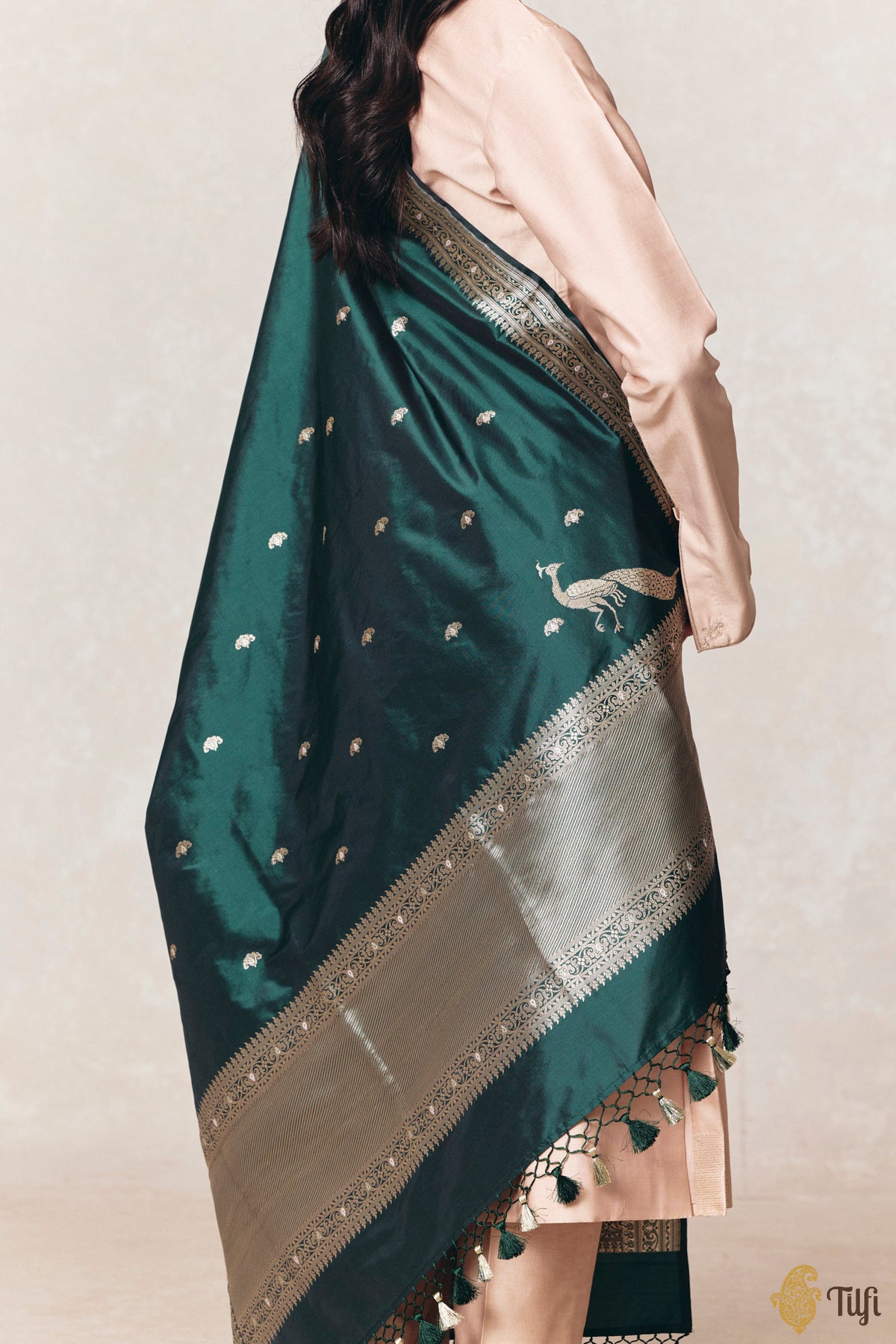 Bottle Green Pure Katan Silk Banarasi Handloom Dupatta