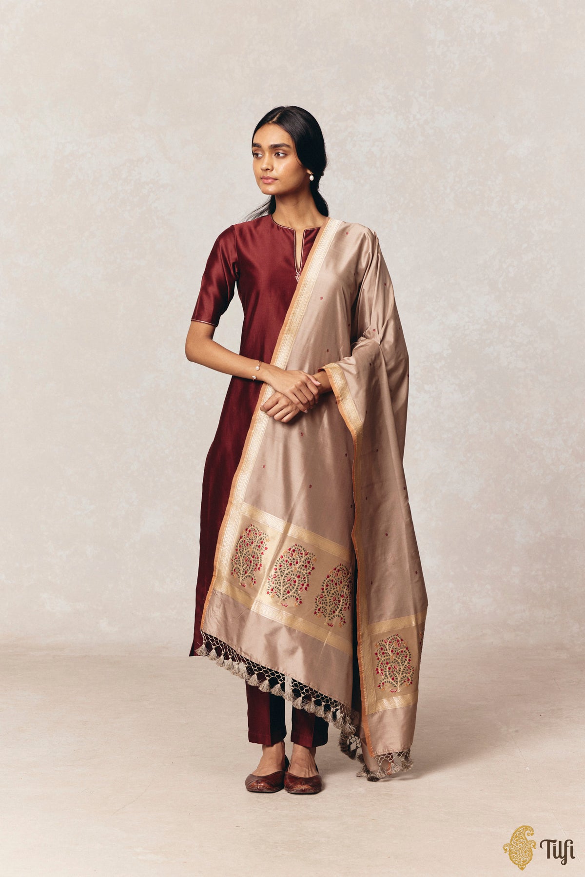 'Anar Lata' Taupe Pure Katan Silk Banarasi Handloom Dupatta