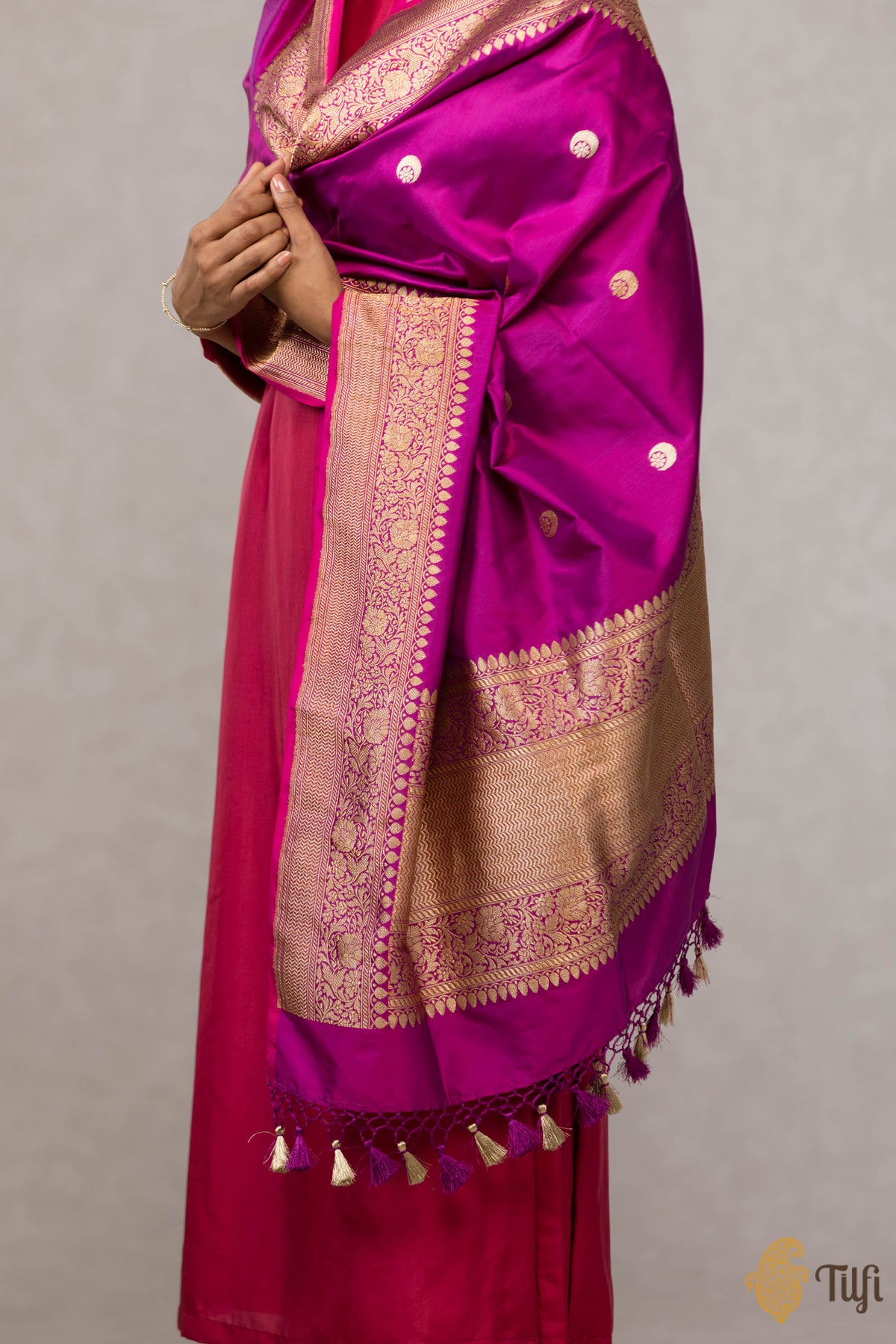 Pre-Order: Blue-Rani Pink Pure Katan Silk Banarasi Handloom Dupatta