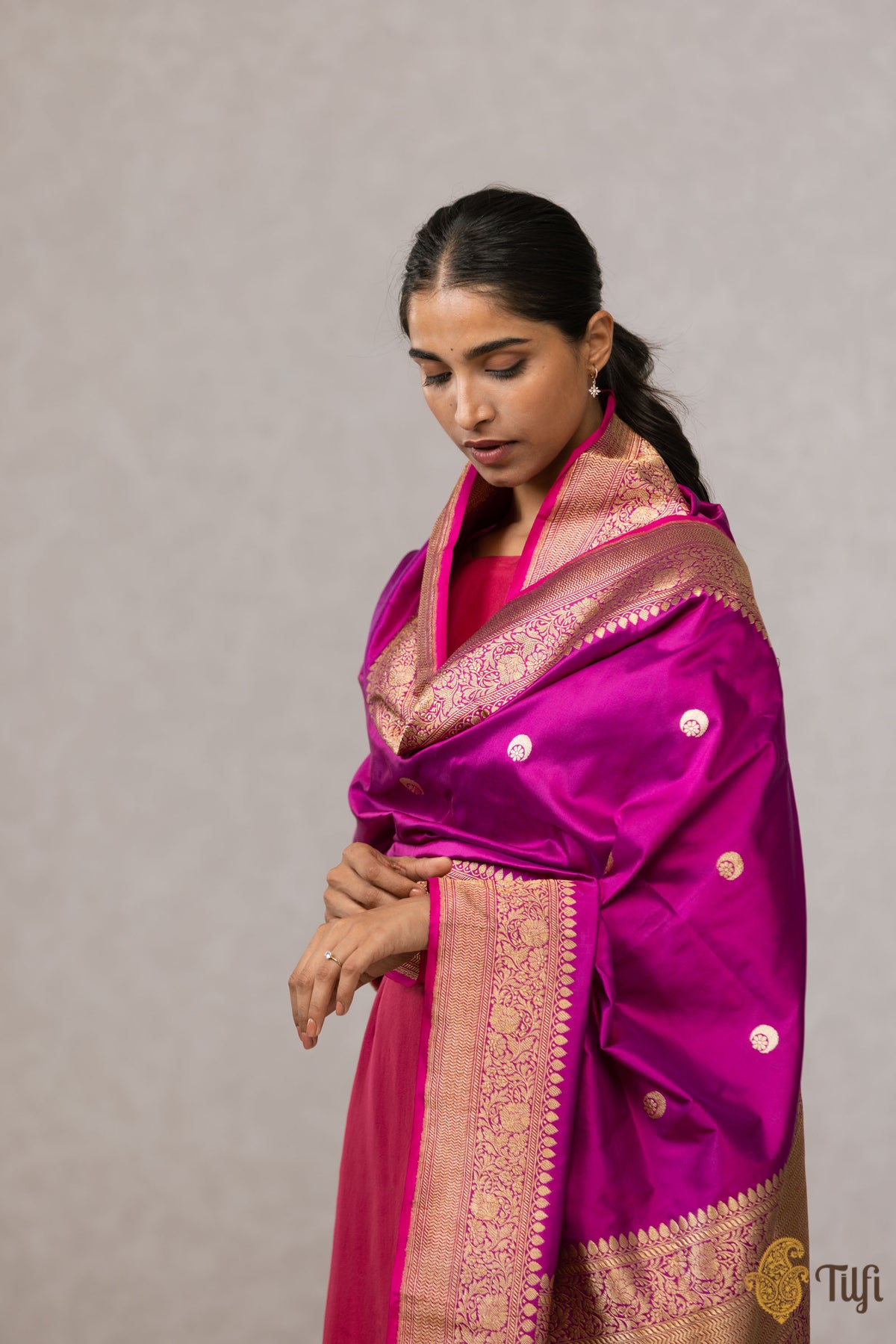 Pre-Order: Blue-Rani Pink Pure Katan Silk Banarasi Handloom Dupatta