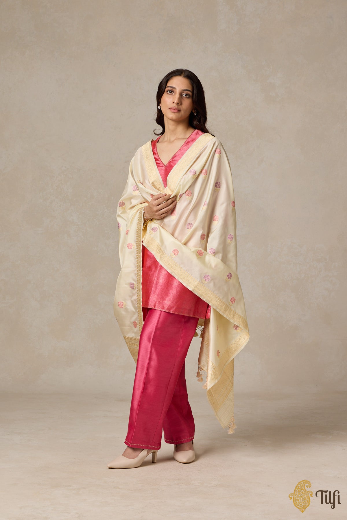 Cream Pure Katan Silk Banarasi Handloom Dupatta