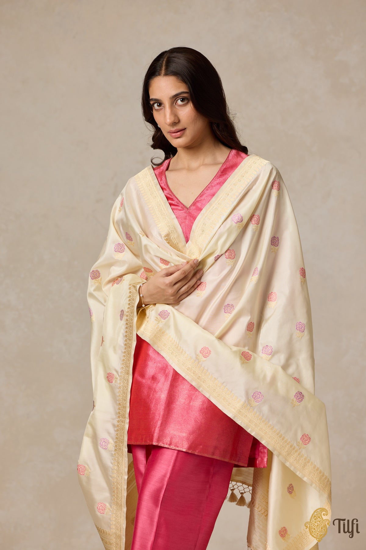 Cream Pure Katan Silk Banarasi Handloom Dupatta