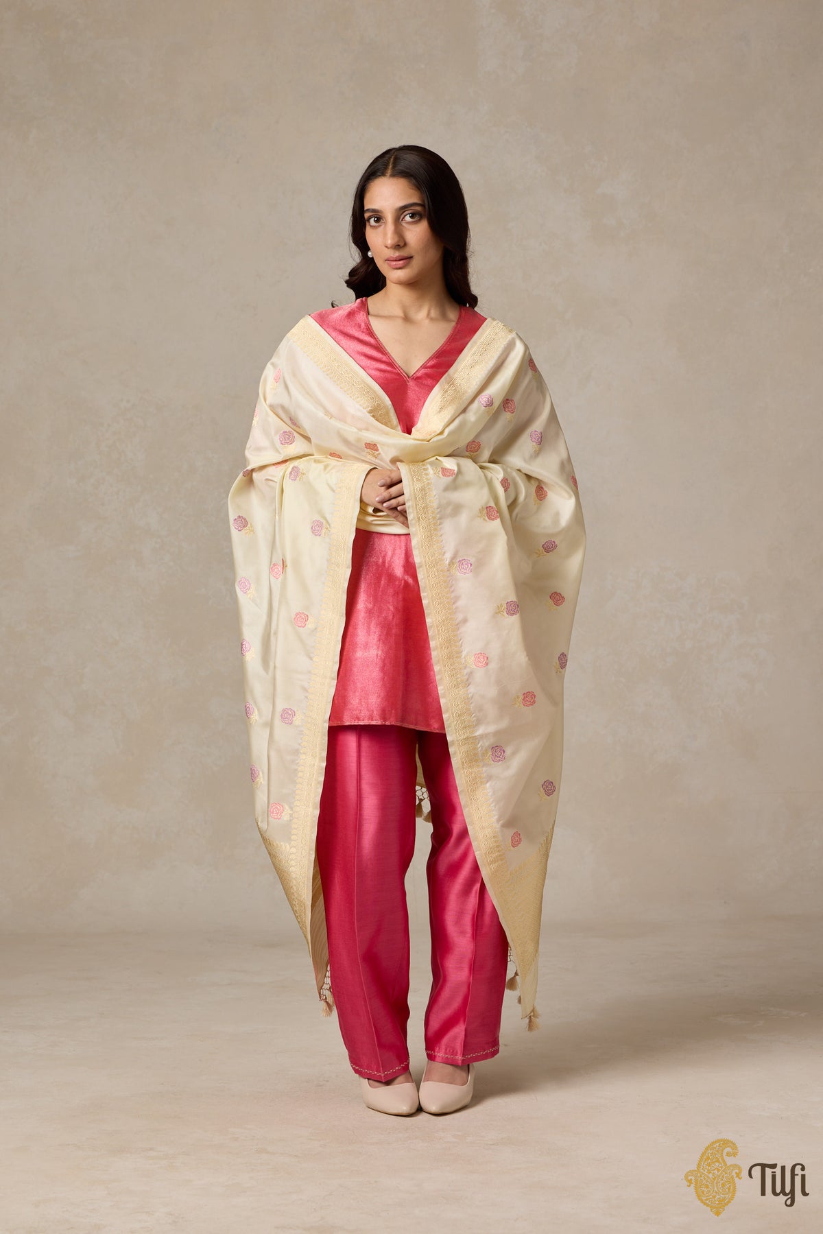 Cream Pure Katan Silk Banarasi Handloom Dupatta