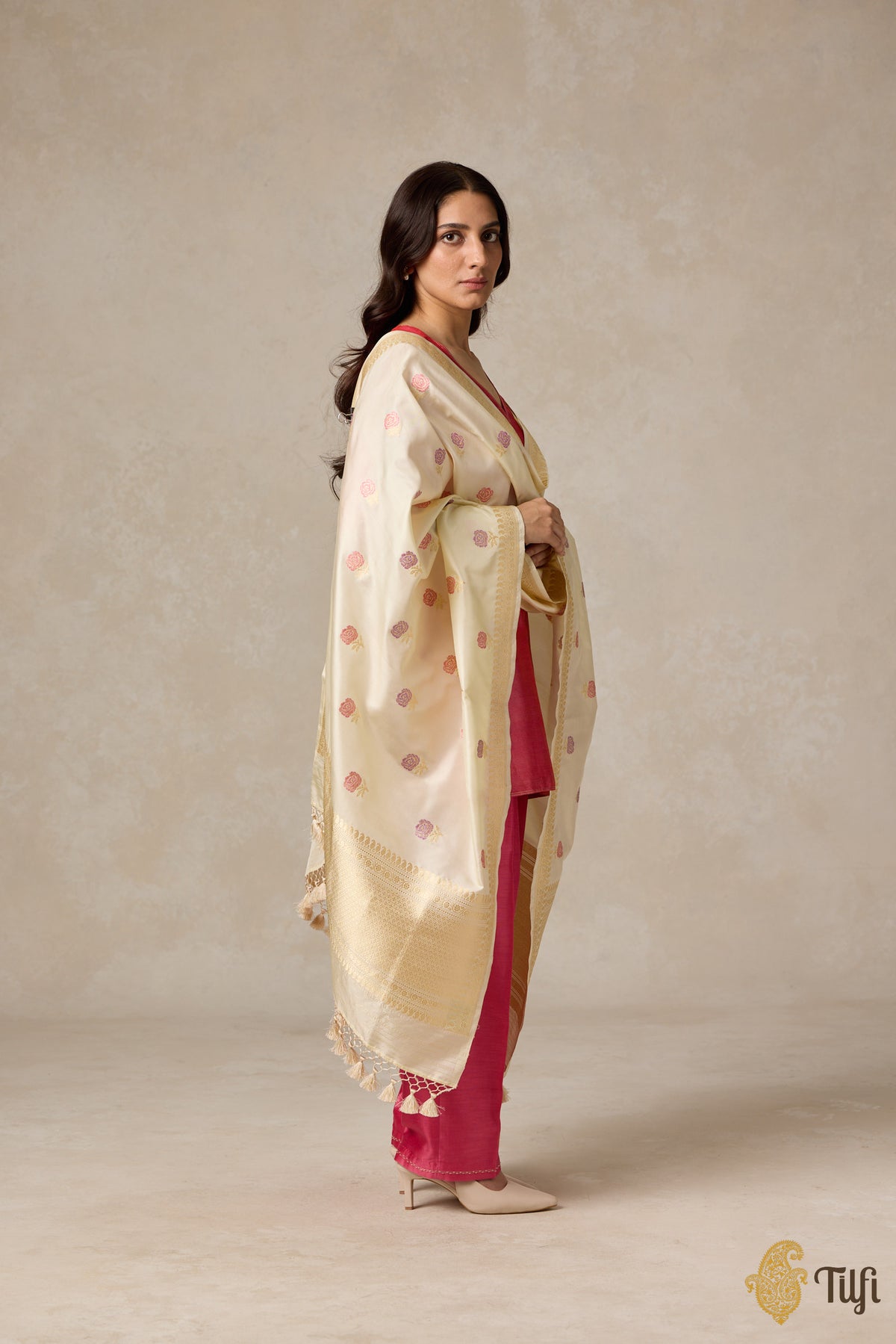 Cream Pure Katan Silk Banarasi Handloom Dupatta