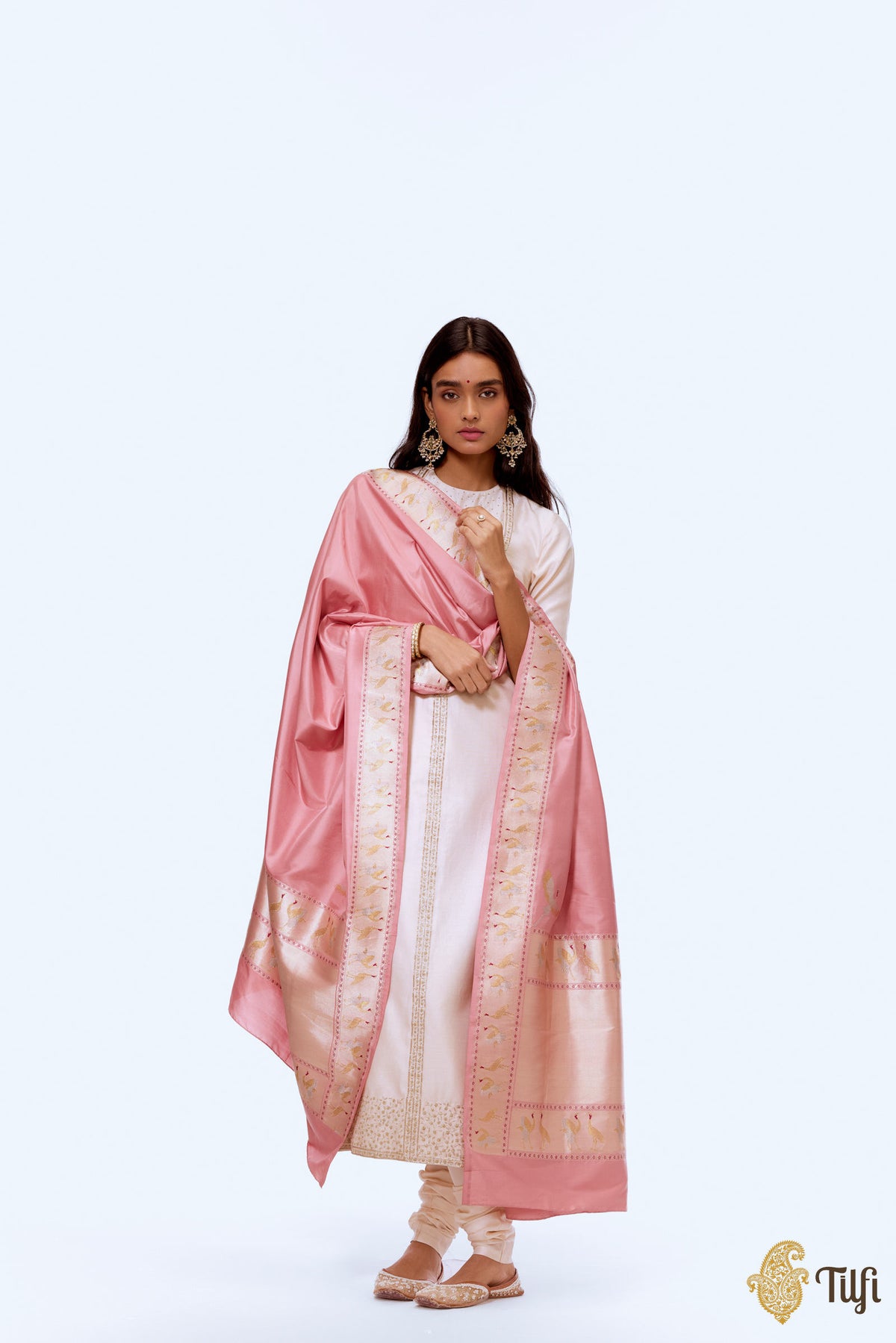 &#39;Hamsa Vilasa&#39; Pink Pure Katan Silk Banarasi Handloom Dupatta