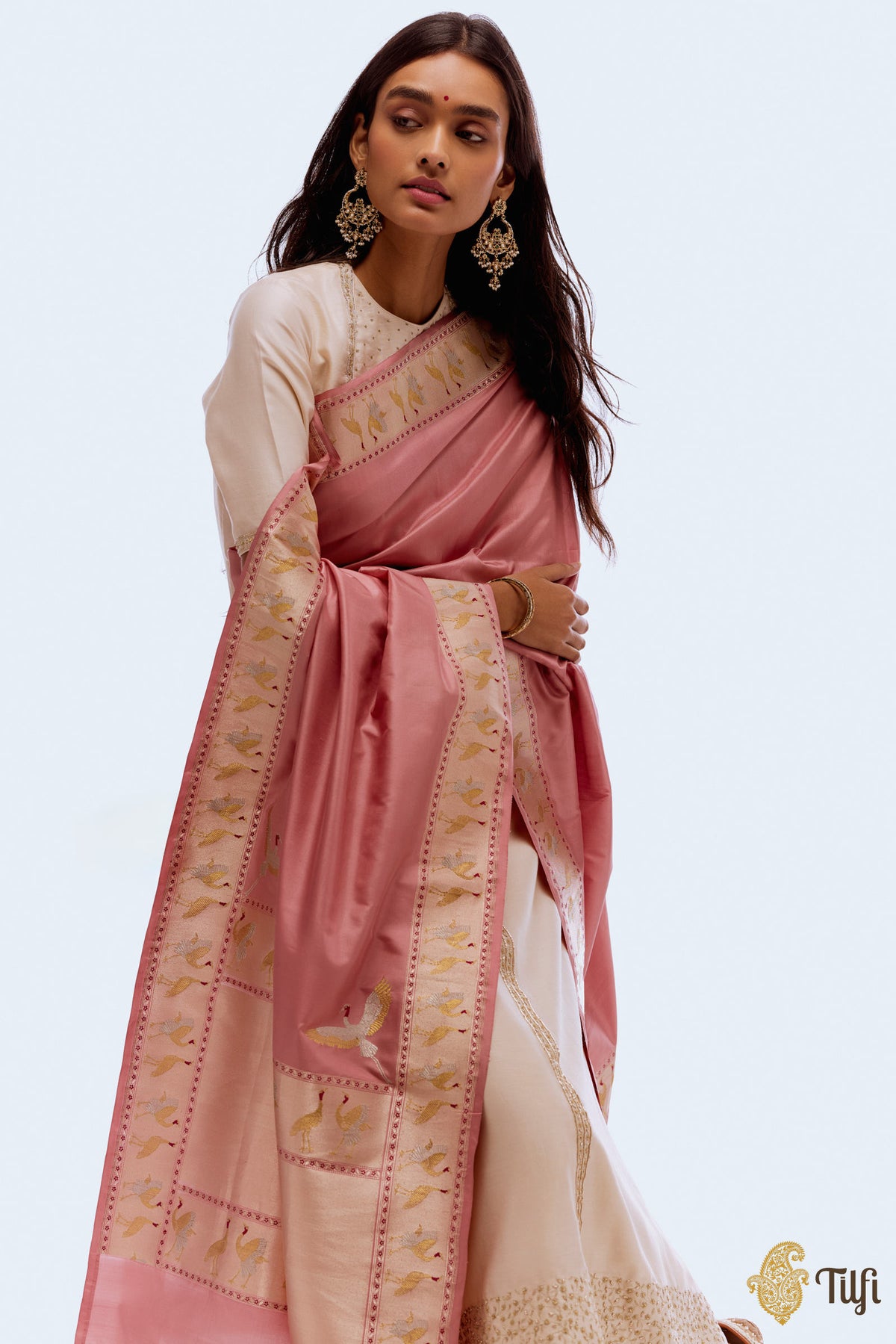 &#39;Hamsa Vilasa&#39; Pink Pure Katan Silk Banarasi Handloom Dupatta