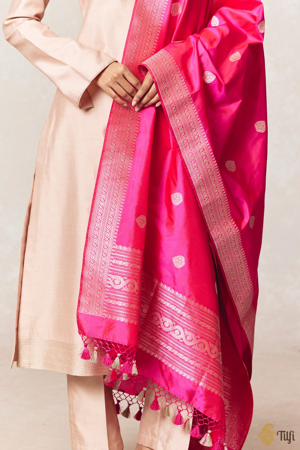 Red-Rani Pink Pure Katan Silk Banarasi Handloom Dupatta