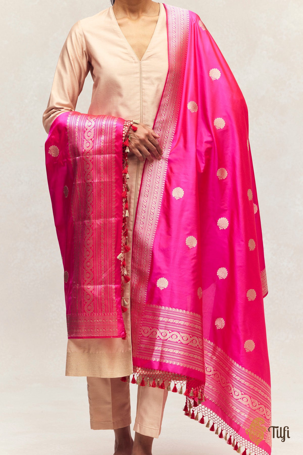 Rani Pink Pure Katan Silk Banarasi Handloom Dupatta
