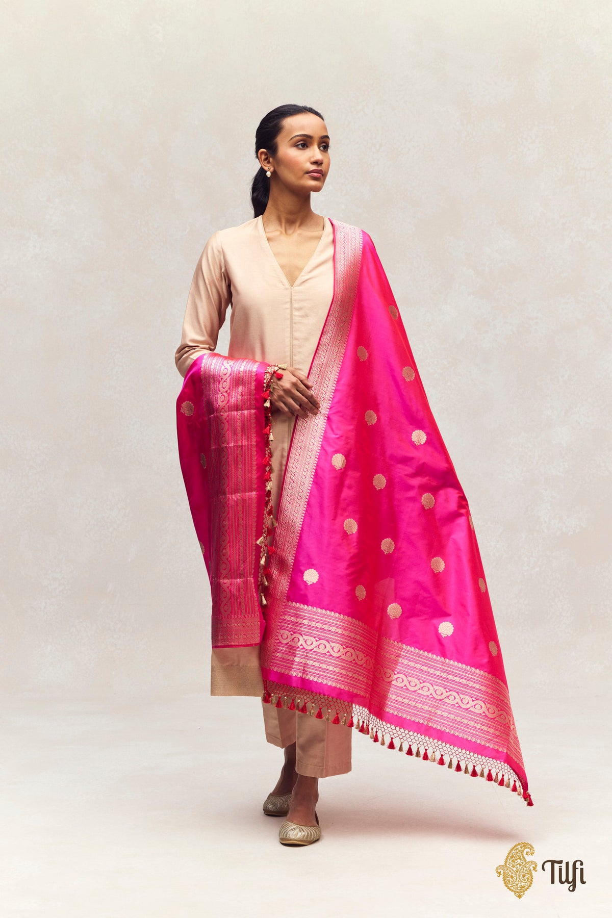 Rani Pink Pure Katan Silk Banarasi Handloom Dupatta