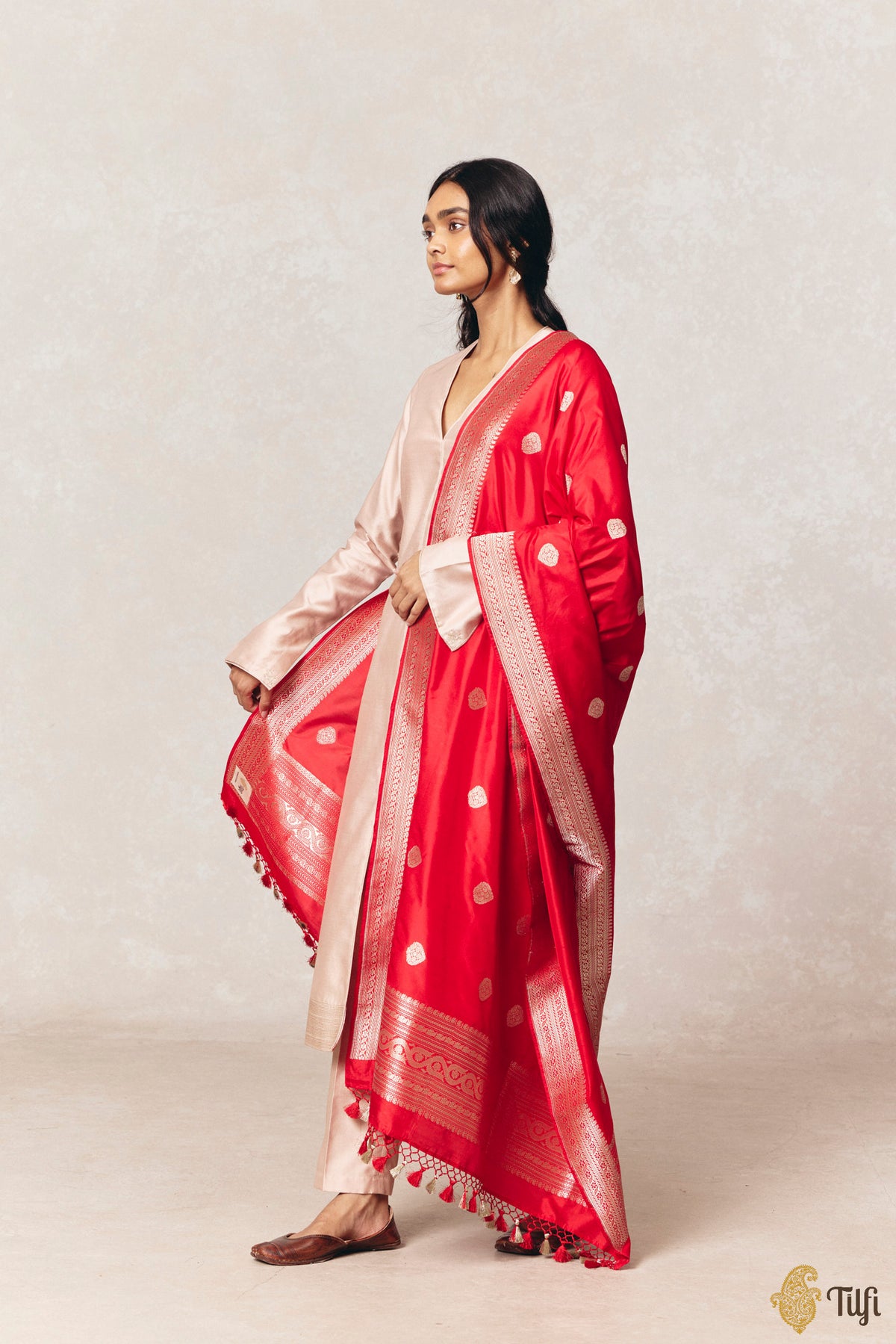 Red Pure Katan Silk Banarasi Handloom Dupatta