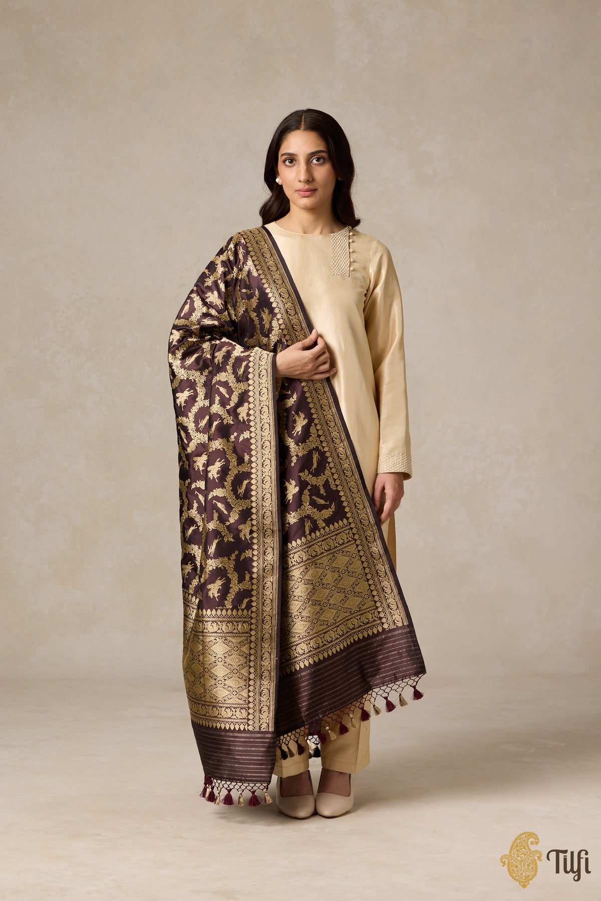 Deep Brown Pure Katan Silk Banarasi Handwoven Dupatta