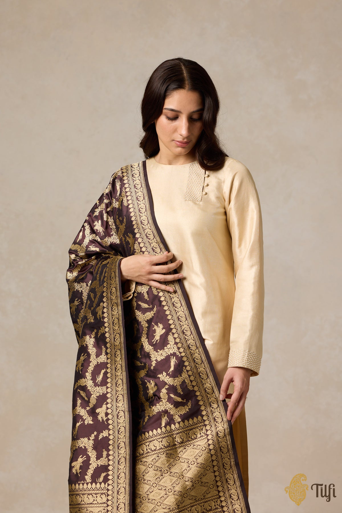 Deep Brown Pure Katan Silk Banarasi Handwoven Dupatta