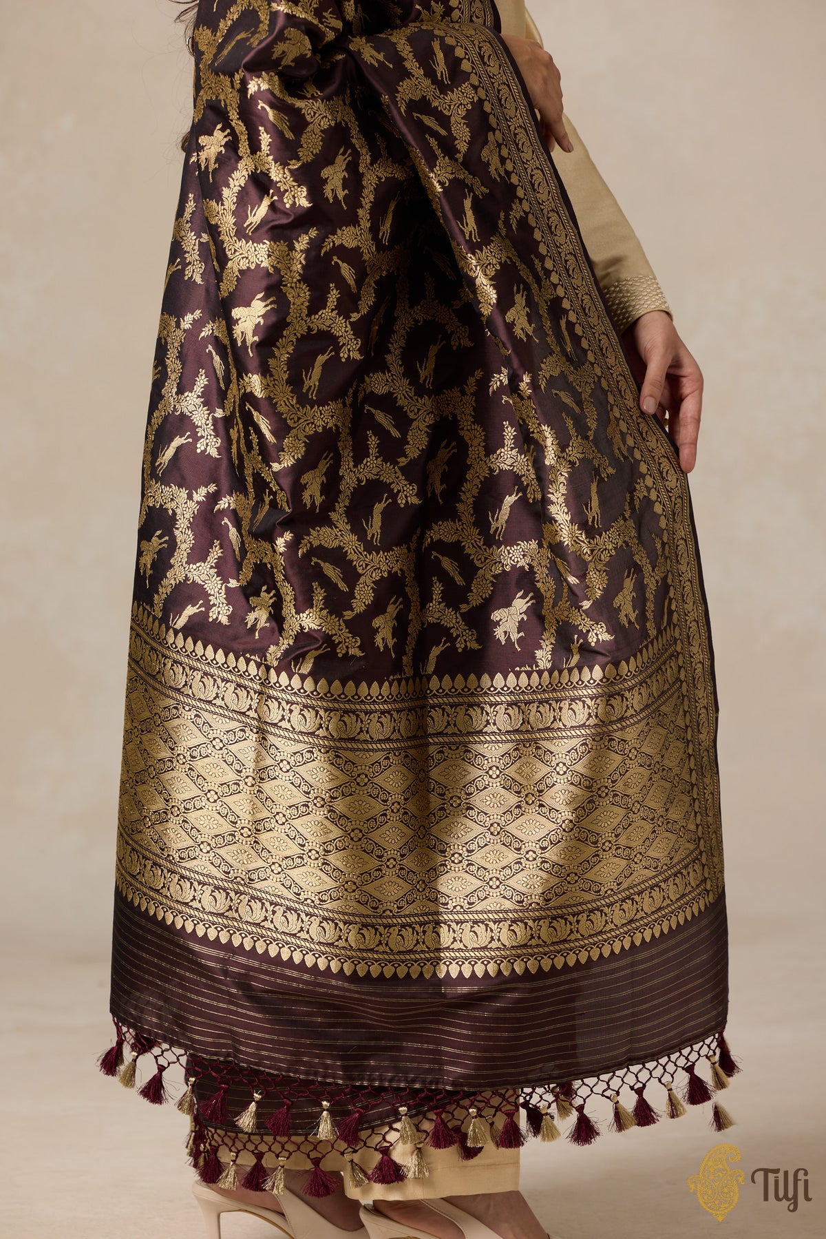 Deep Brown Pure Katan Silk Banarasi Handwoven Dupatta