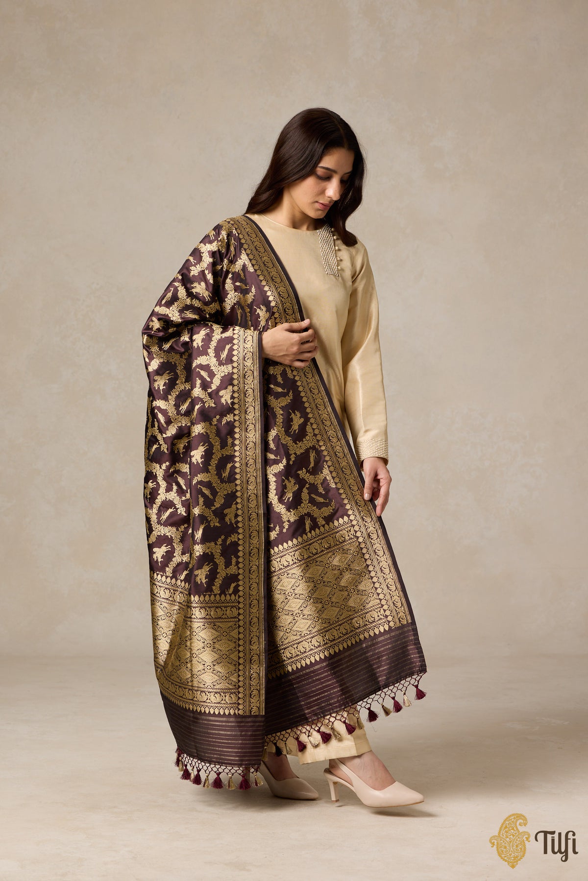 Deep Brown Pure Katan Silk Banarasi Handwoven Dupatta