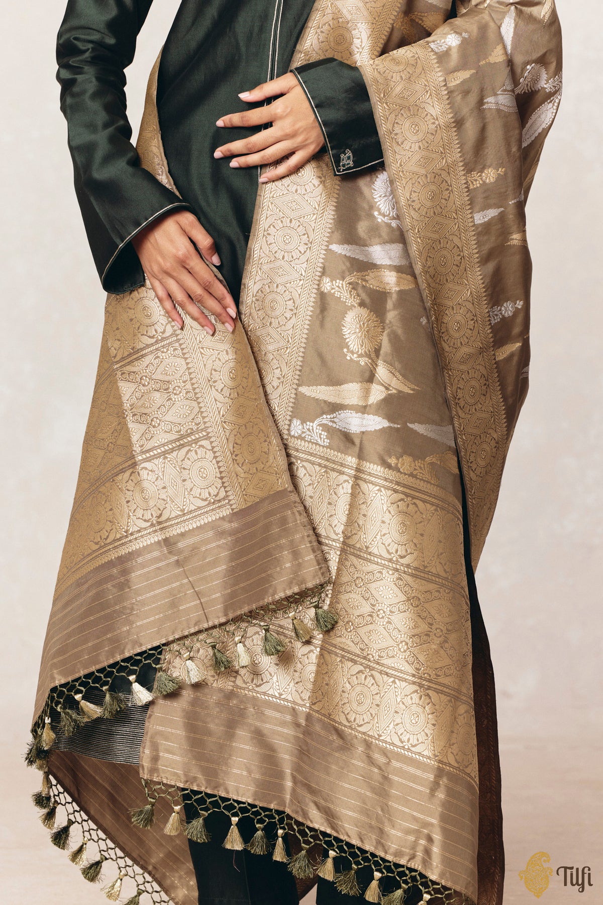 Pre-Order: Olive Green Pure Katan Silk Banarasi Handloom Dupatta