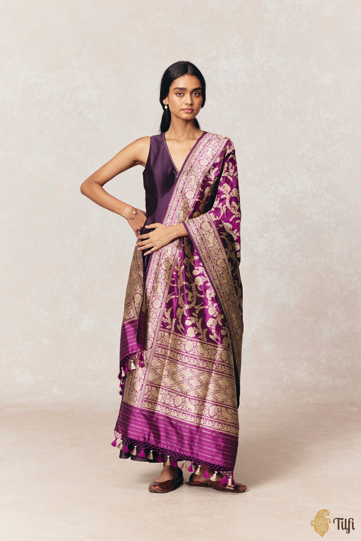 Magenta Pure Katan Silk Banarasi Handwoven Dupatta