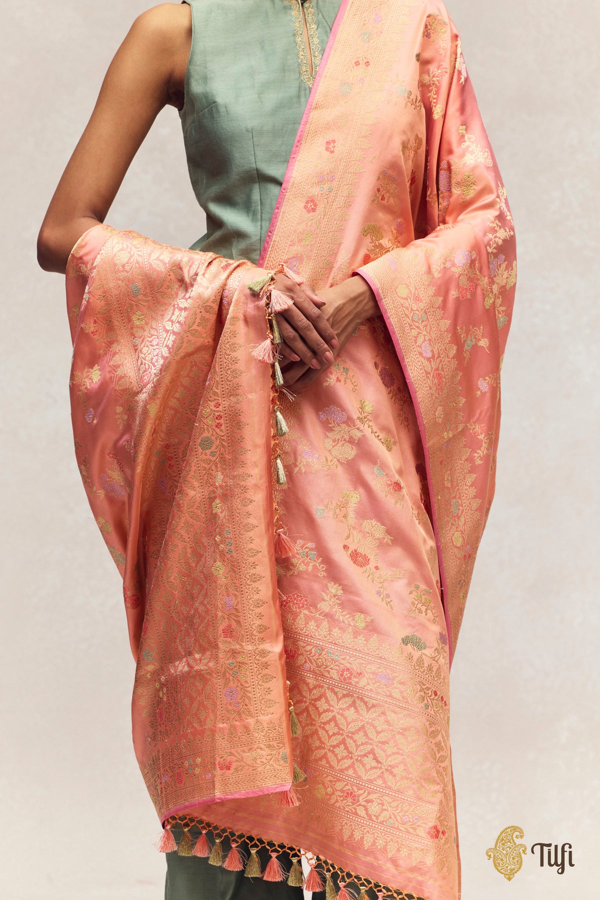Peach Pure Katan Silk Kadwa Meena Jangla Dupatta