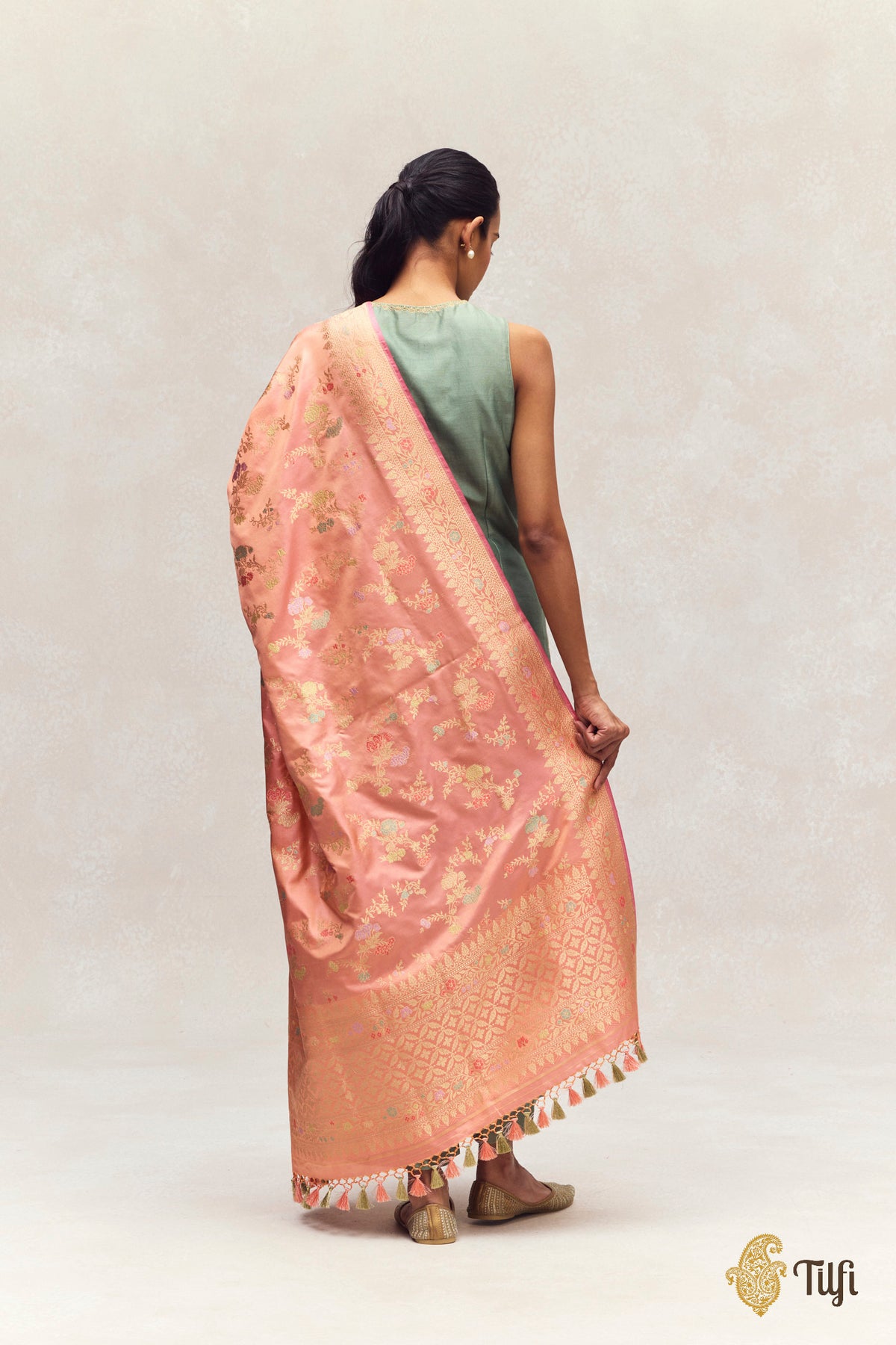 Peach Pure Katan Silk Kadwa Meena Jangla Dupatta