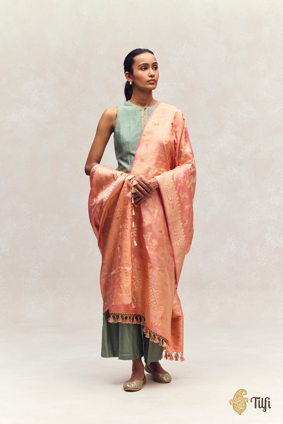 Peach Pure Katan Silk Kadwa Meena Jangla Dupatta