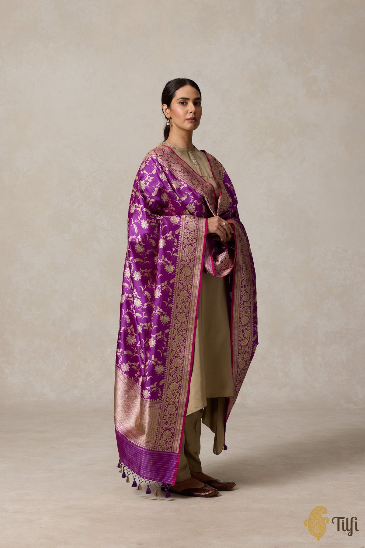 Purple Pure Katan Silk Kadwa Jangla Handloom Dupatta