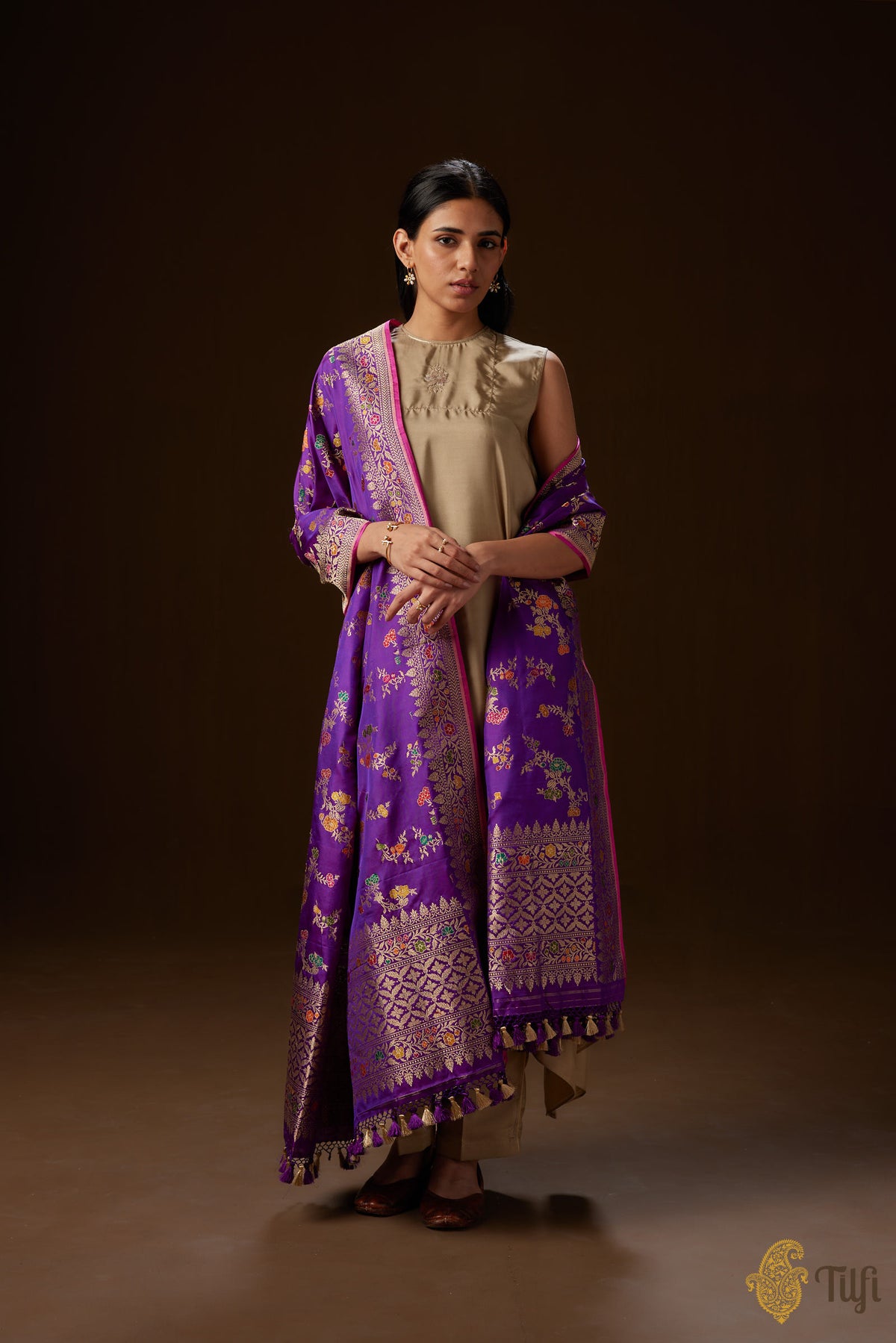 Deep Purple Pure Katan Silk Kadwa Meena Jangla Dupatta