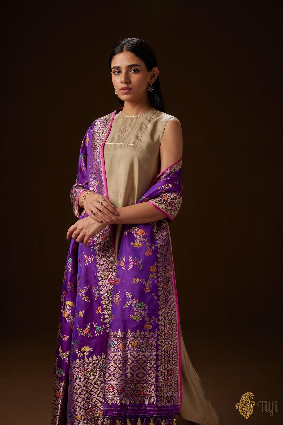 Pre-Order: Deep Purple Pure Katan Silk Kadwa Meena Jangla Dupatta