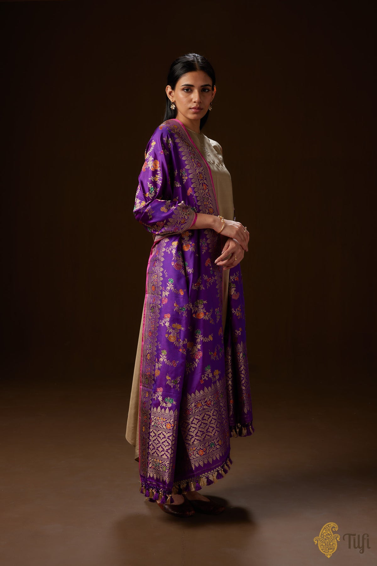 Pre-Order: Deep Purple Pure Katan Silk Kadwa Meena Jangla Dupatta