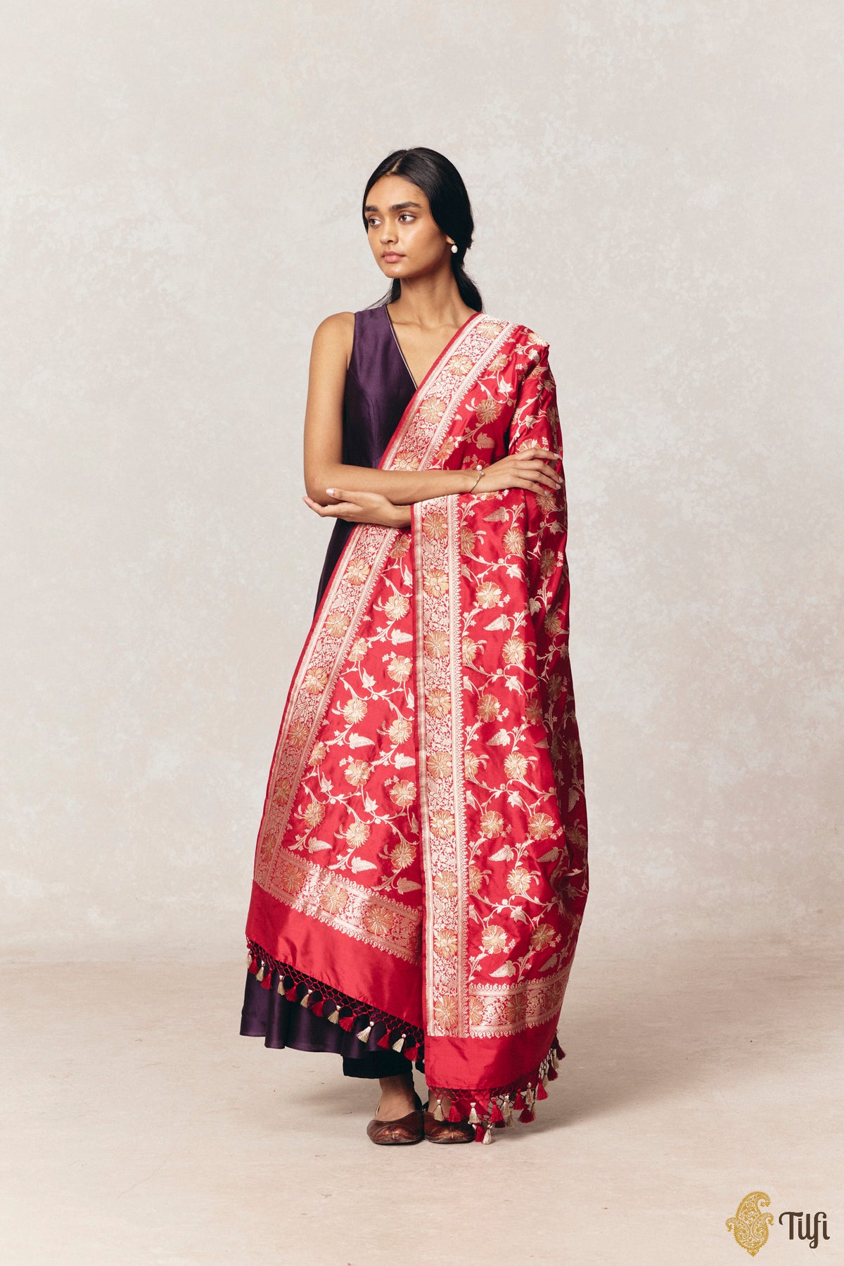 Red Pure Katan Silk Banarasi Kadwa Handloom Dupatta