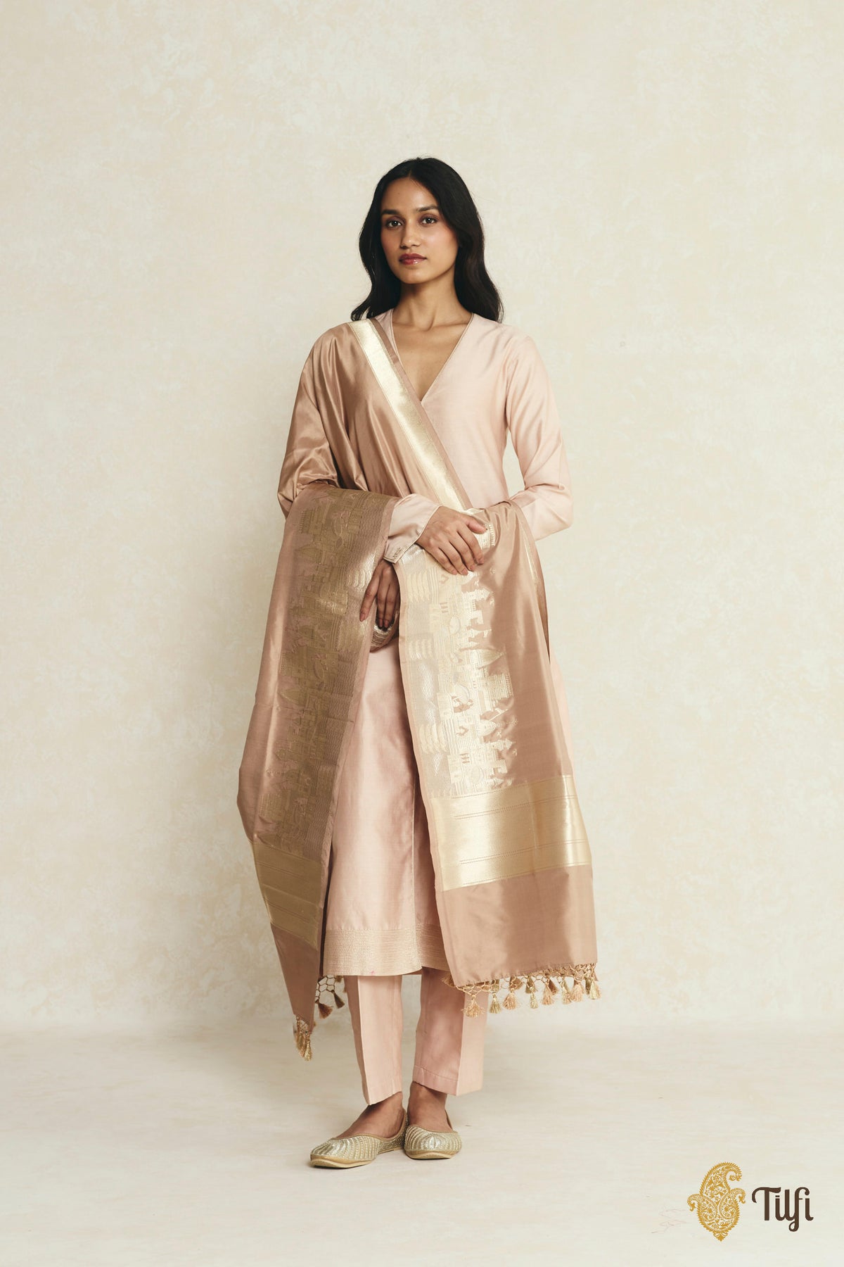 'Kashi' Beige Pure Katan Silk Banarasi Handloom Dupatta