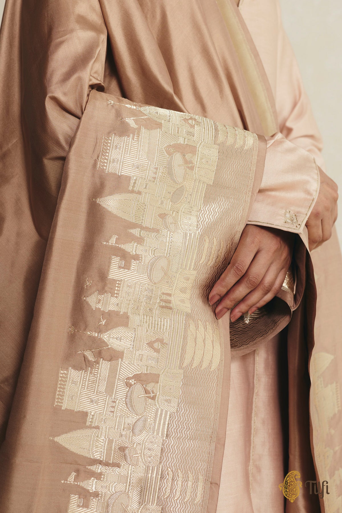 'Kashi' Beige Pure Katan Silk Banarasi Handloom Dupatta