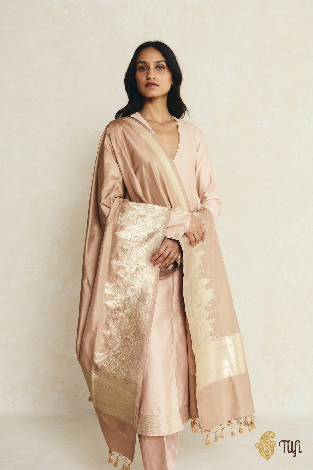 'Kashi' Beige Pure Katan Silk Banarasi Handloom Dupatta