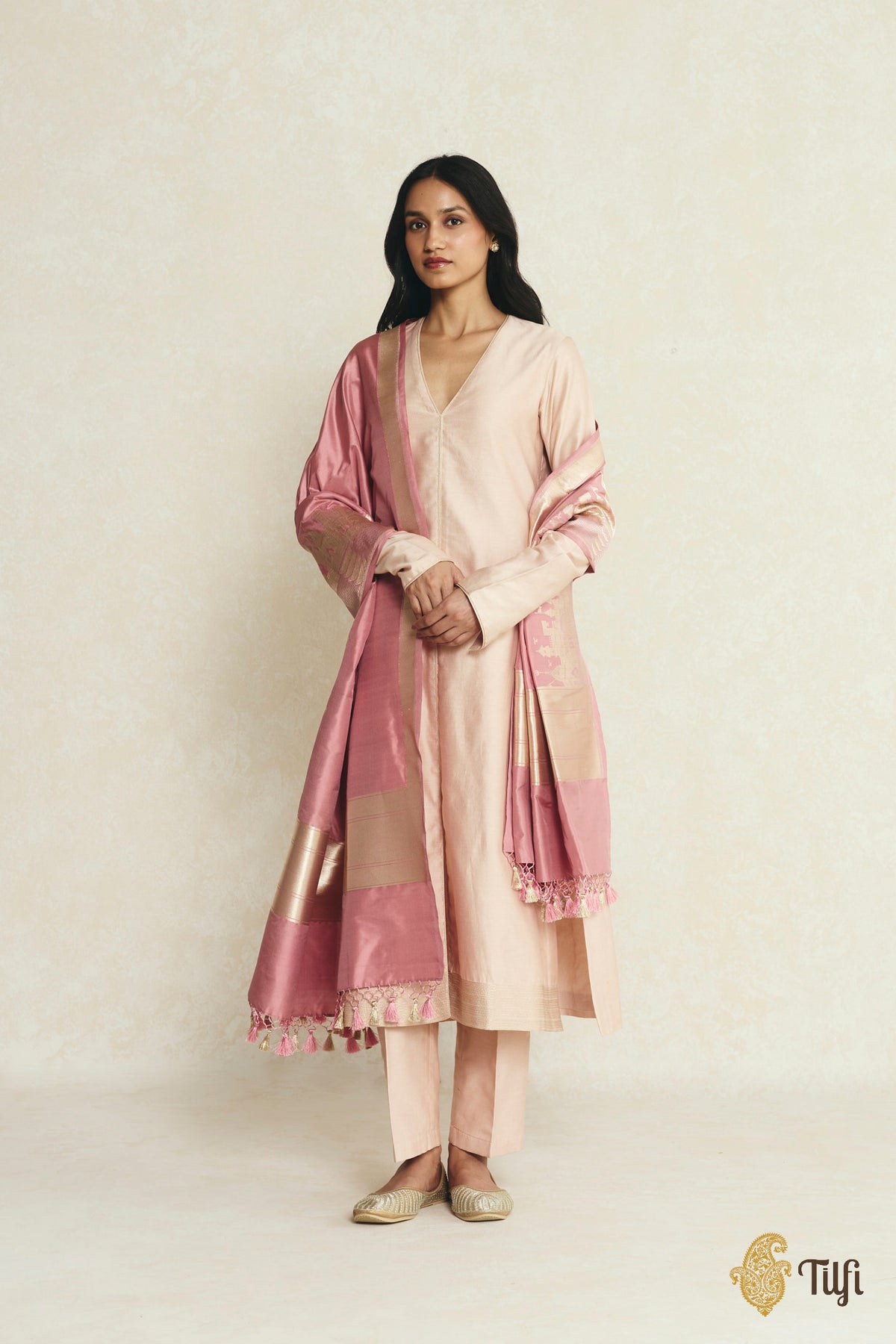 'Kashi' Pink Pure Katan Silk Banarasi Handloom Dupatta