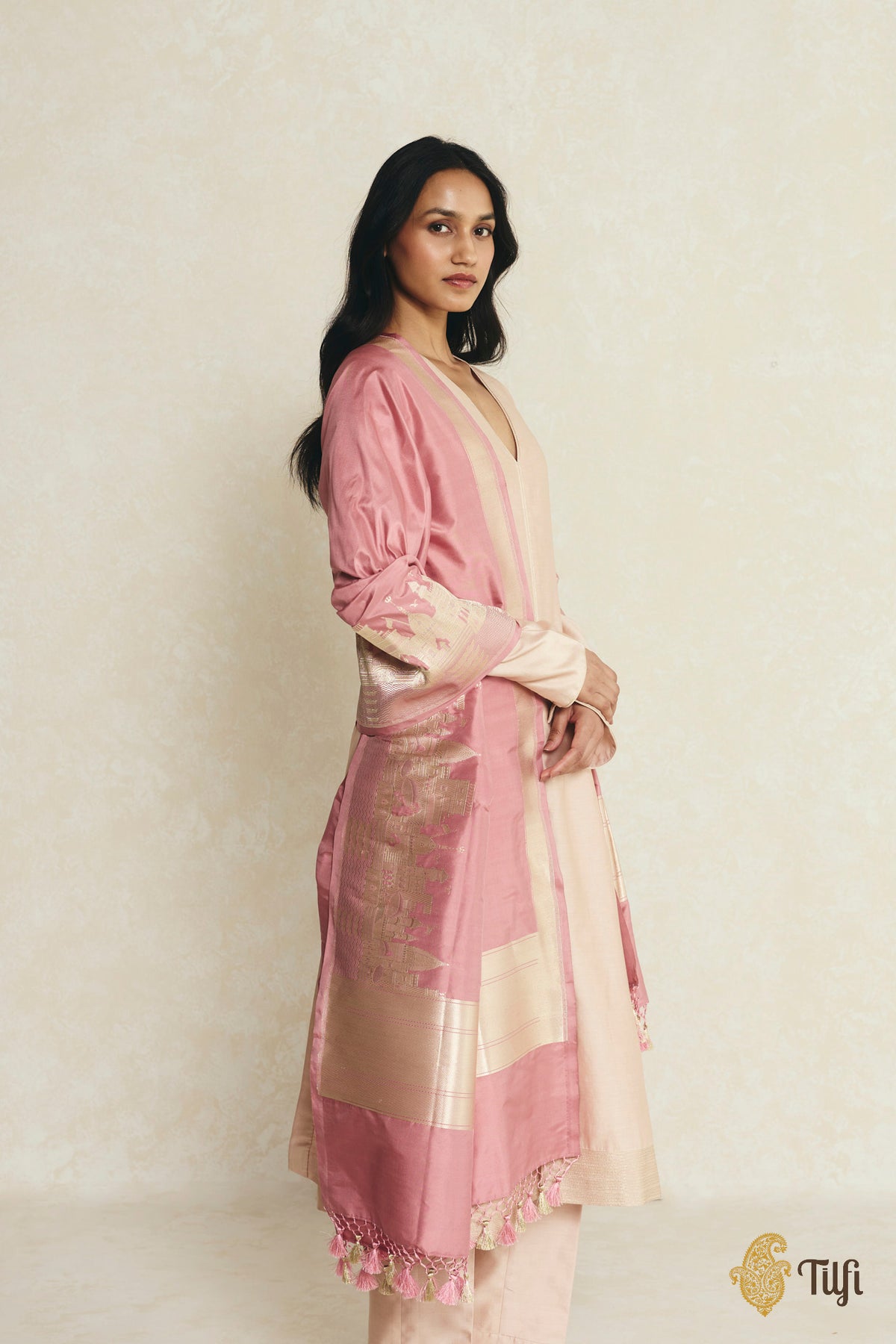 'Kashi' Pink Pure Katan Silk Banarasi Handloom Dupatta