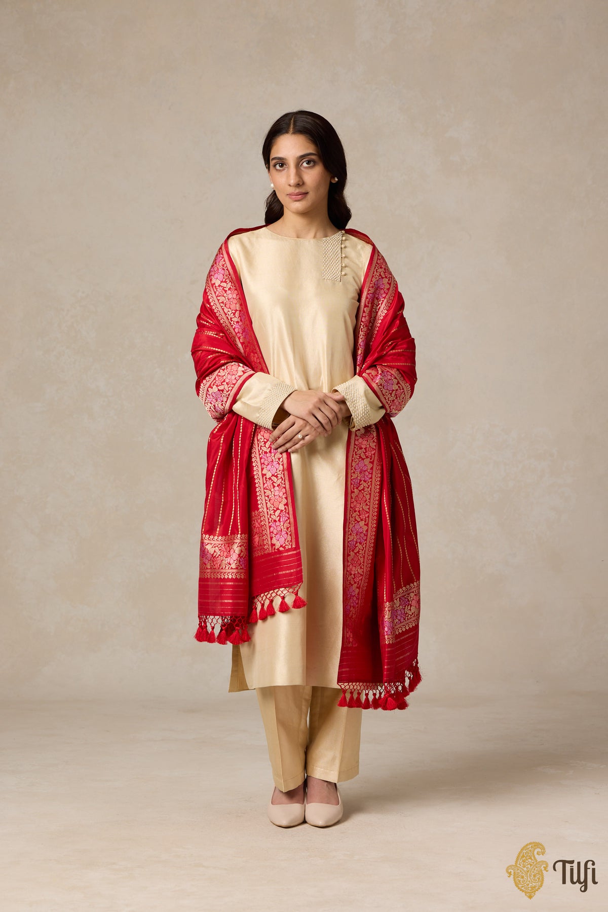 Red Pure Katan Silk Banarasi Handloom Dupatta