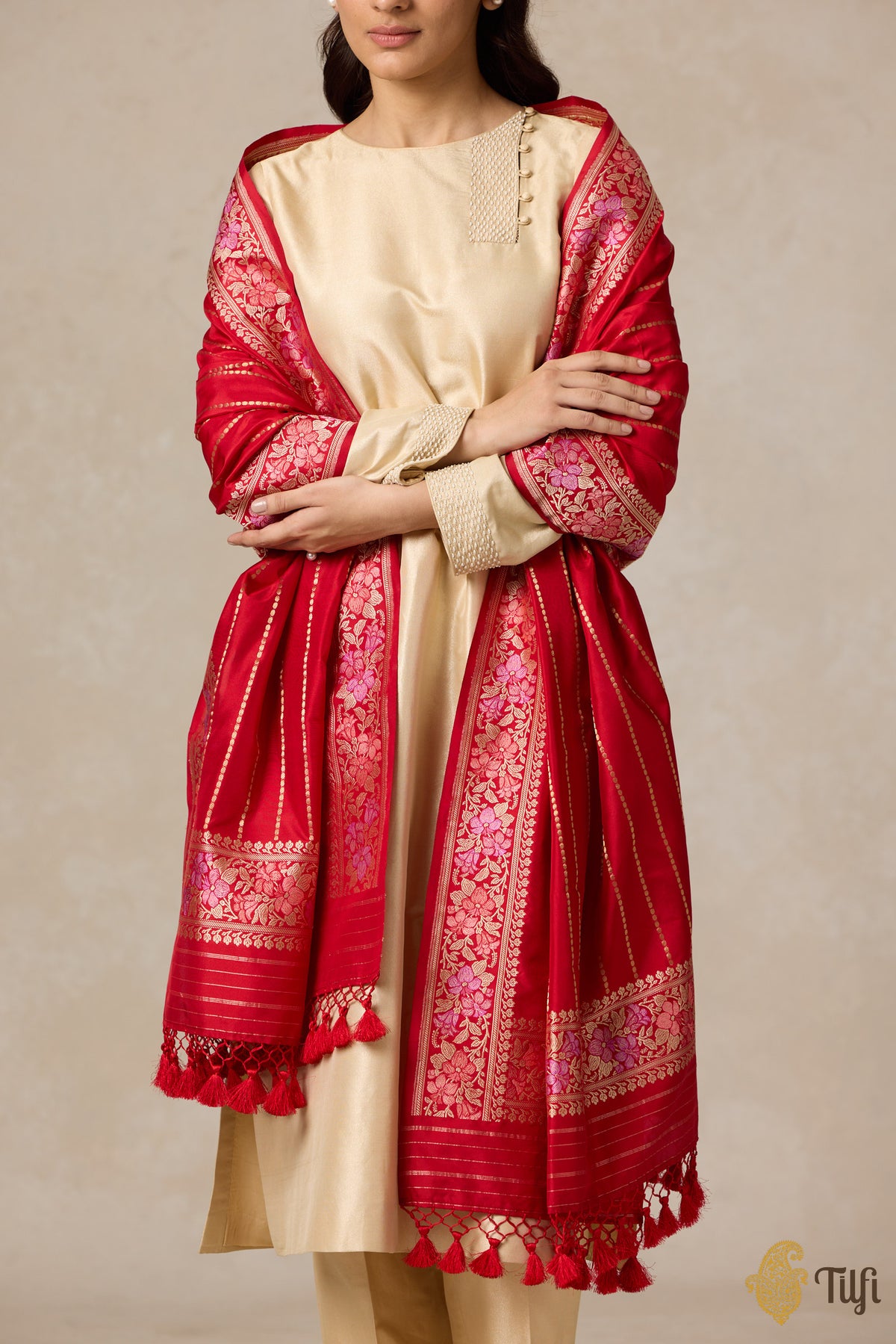 Red Pure Katan Silk Banarasi Handloom Dupatta