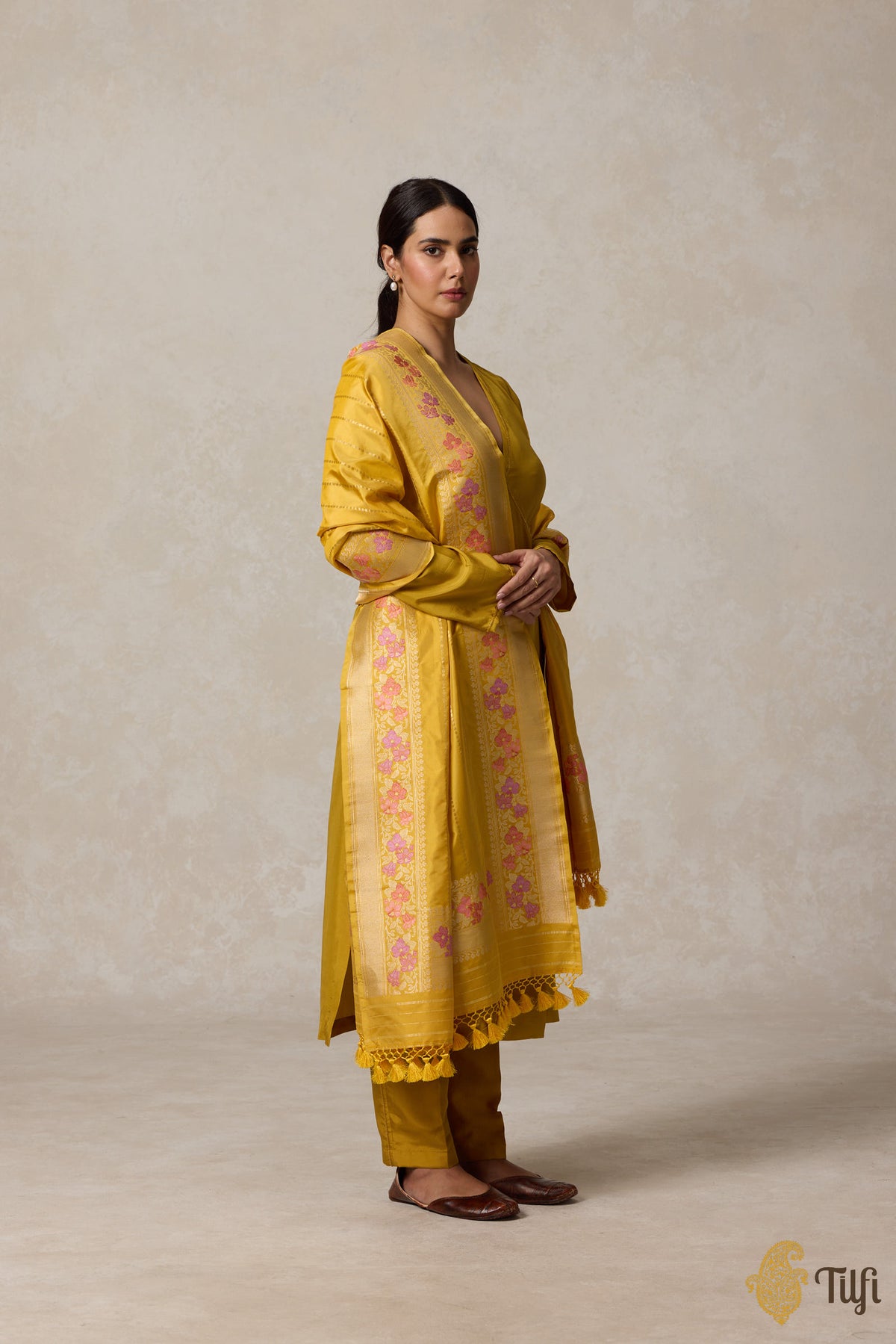 Yellow Pure Katan Silk Banarasi Handloom Dupatta