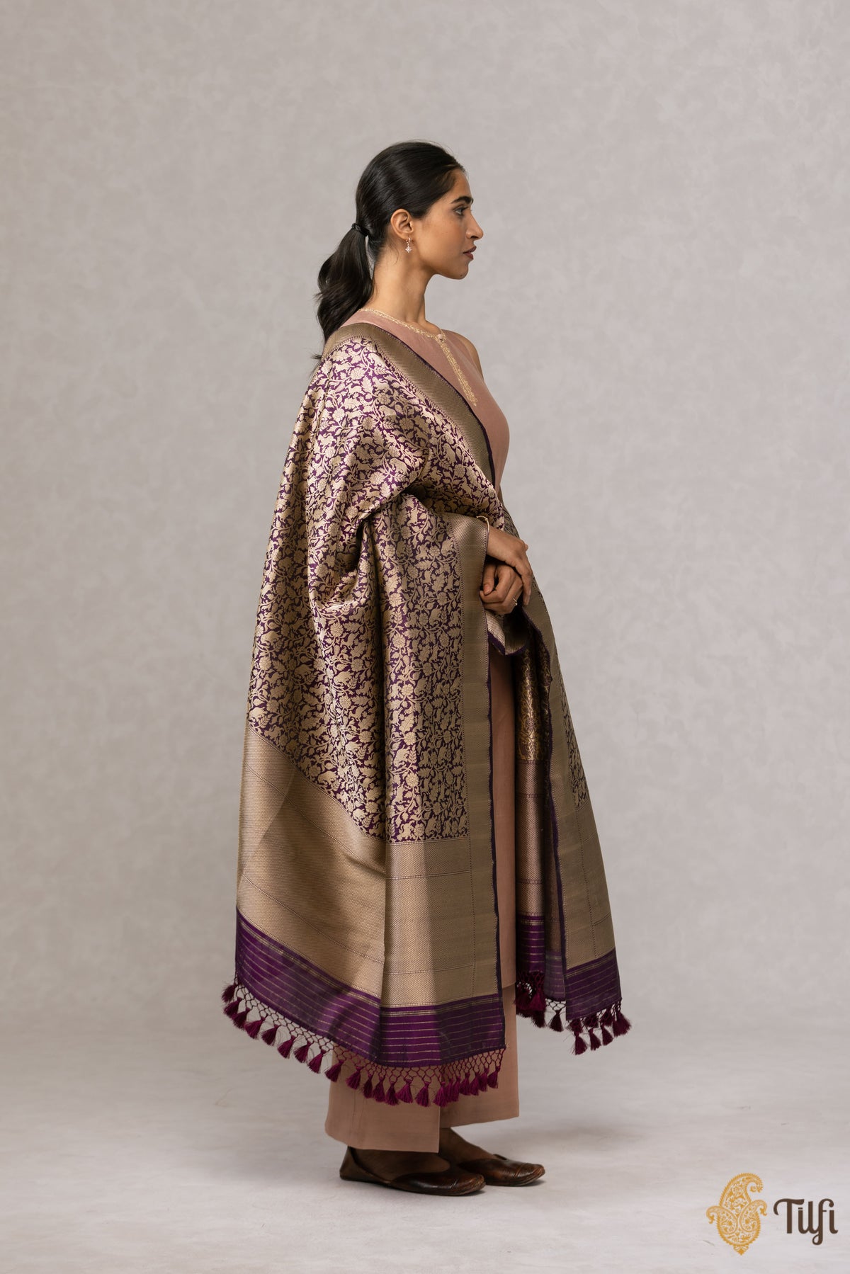 Deep Purple Pure Katan Silk Banarasi Handloom Dupatta