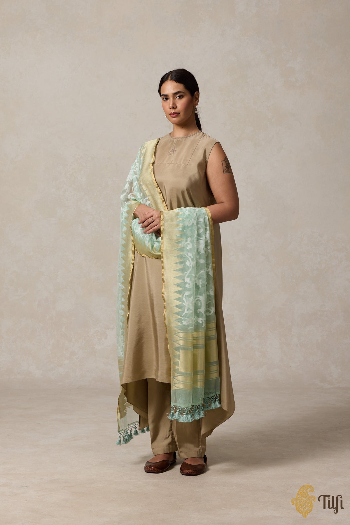 Pastel Green Pure Kora Silk Net Banarasi Handloom Dupatta