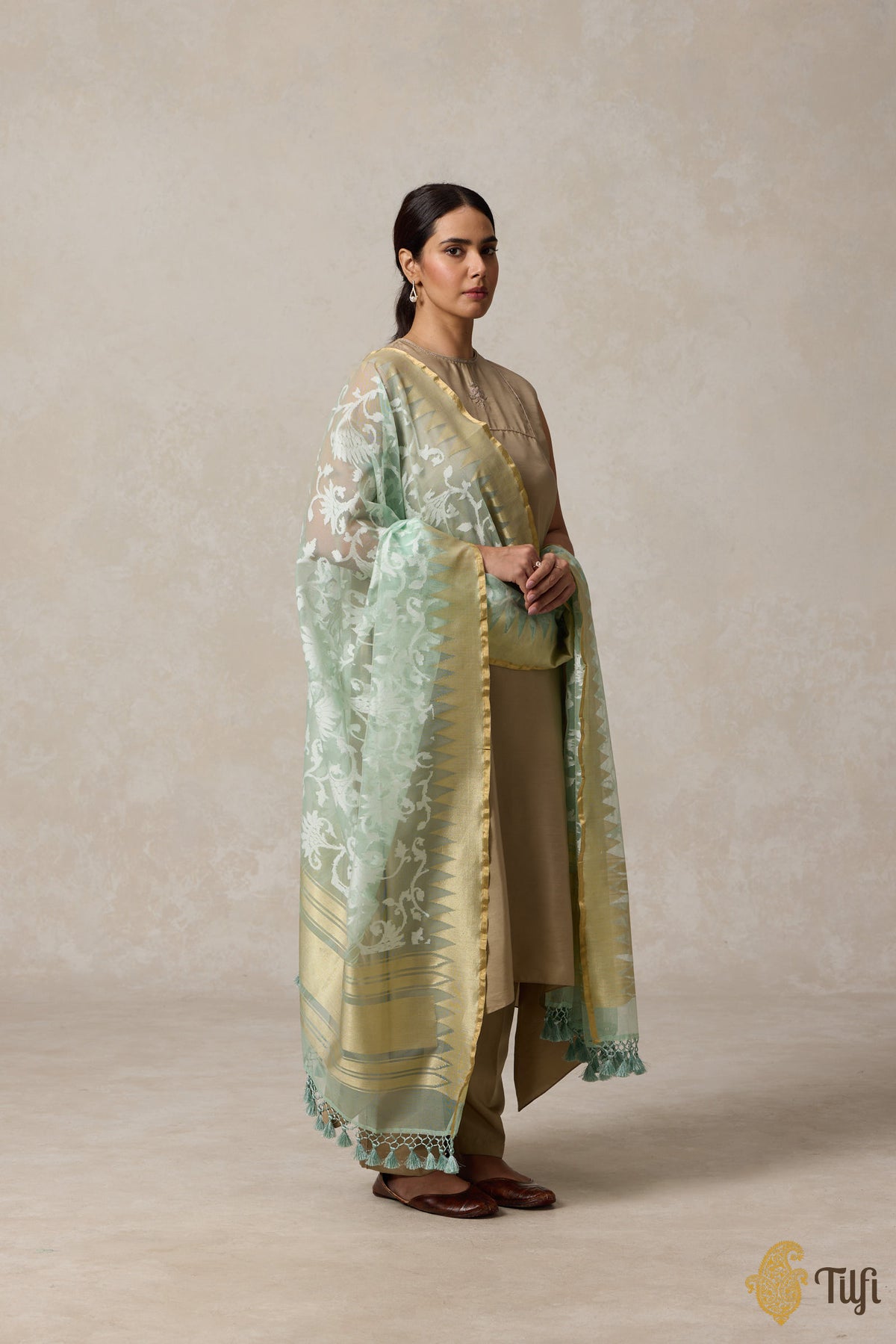 Pastel Green Pure Kora Silk Net Banarasi Handloom Dupatta