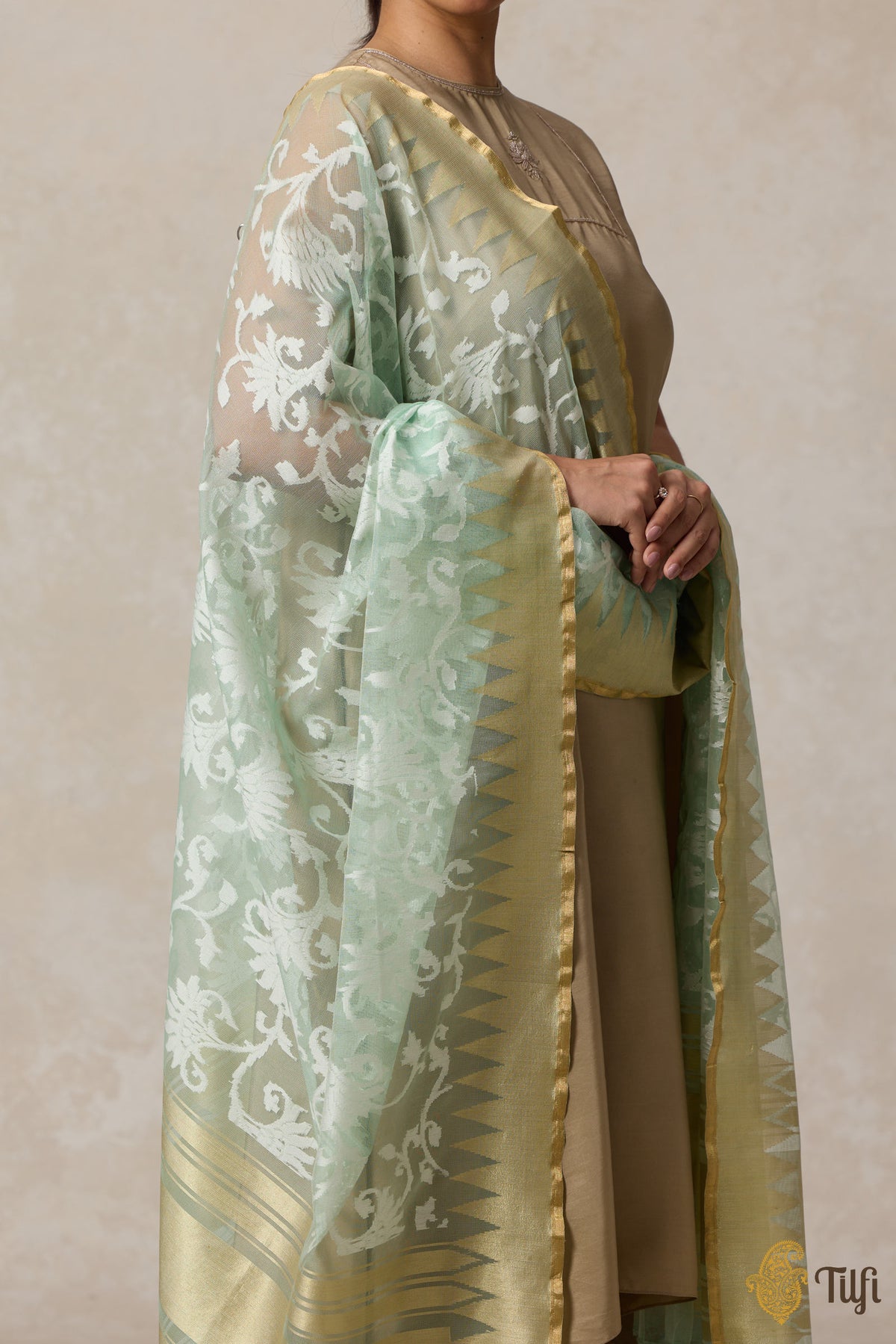 Pastel Green Pure Kora Silk Net Banarasi Handloom Dupatta